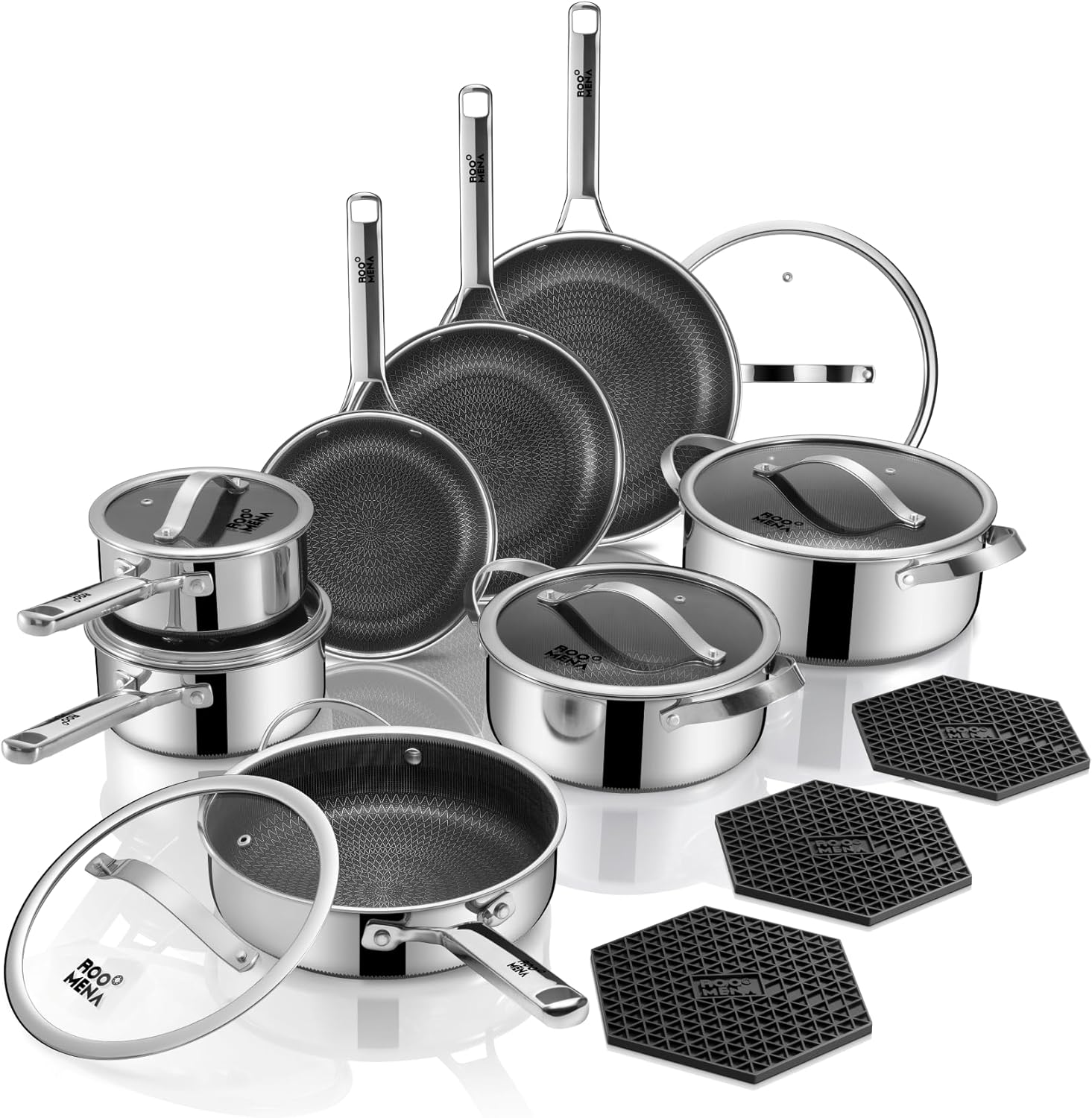 Pots and Pans Set Hybrid Stainless Steel. 17PC Nonstick Tri-Ply Cookware Set w/Frying pan. Dishwasher & Oven Safe. PFOA-Free. Metal Utensil Safe. Suitable for All Cooktops