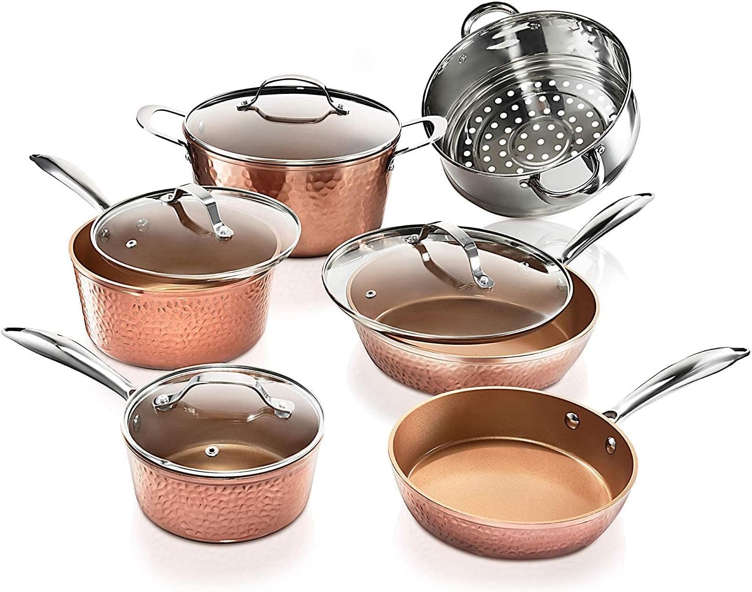 Gotham Steel Hammered Copper 10 Pc Pots and Pans Set Non Stick Cookware Set & Hammered Copper 12 Inch Nonstick Skillet. Aluminum