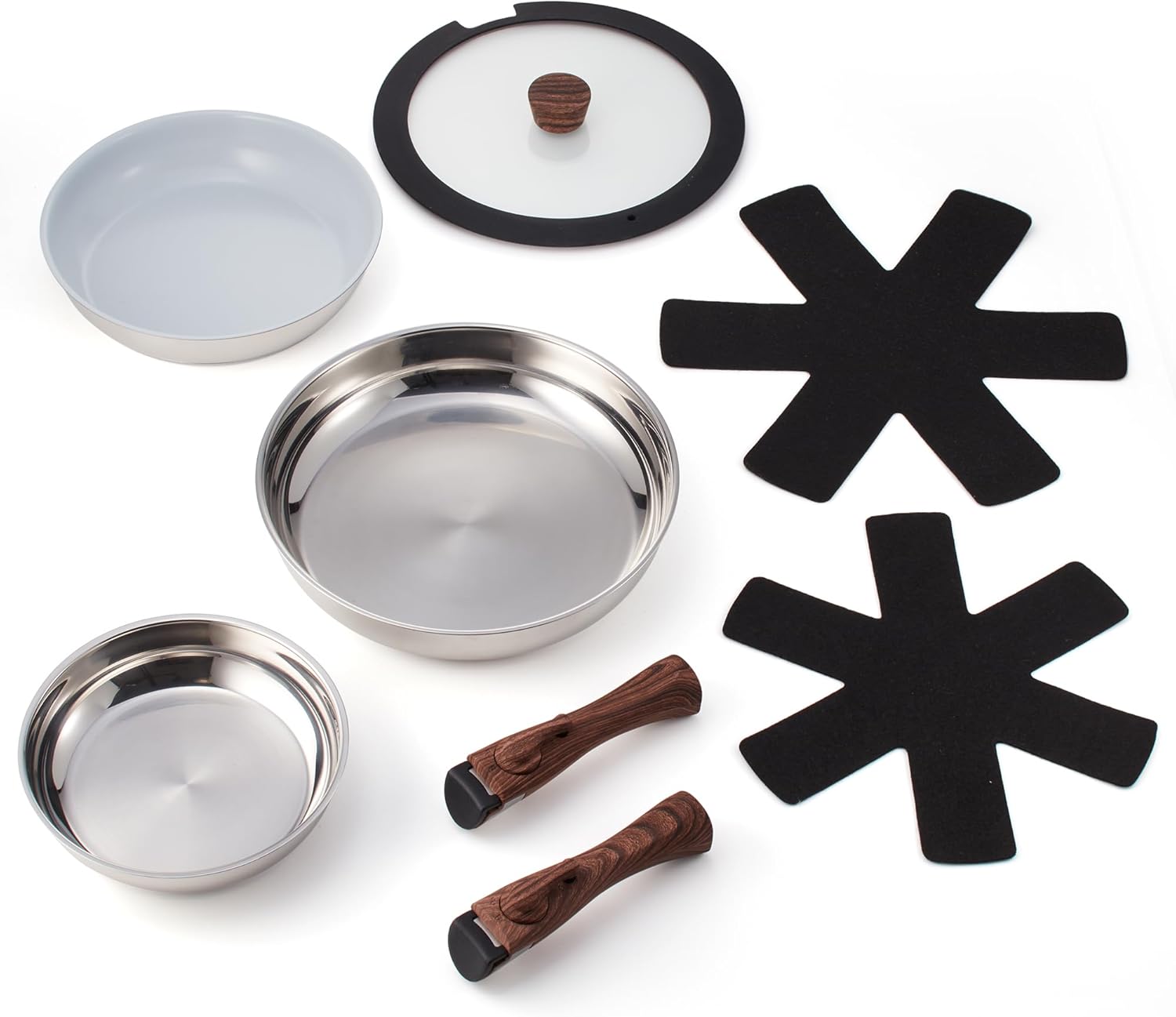 Ergo Chef Pro Series 8pc Smart Pan Set. Removable Handles. space-saving for kitchens. RVs & Camping Compatible with electric. gas & induction stoves. stainless steel pans & ceramic. PTFE & PFOA free