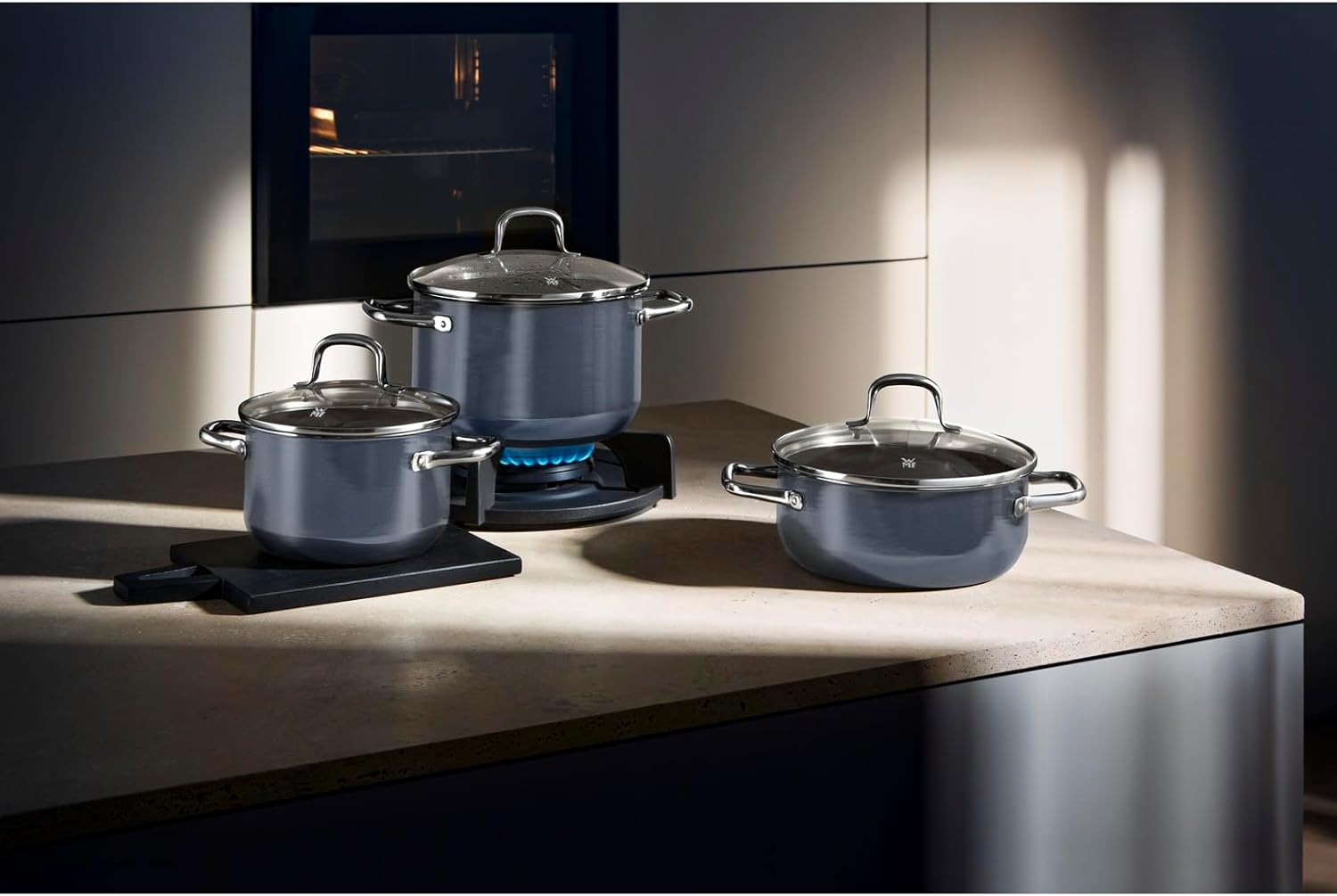 WMF Fusiontec Essential Induction 3-Piece Saucepan Set with Glass Lid. Induction Pots Set. High-Tech Ceramic. Scratch-Resistant. Uncoated. No Inner Scale. Drip-Free. Dark Blue