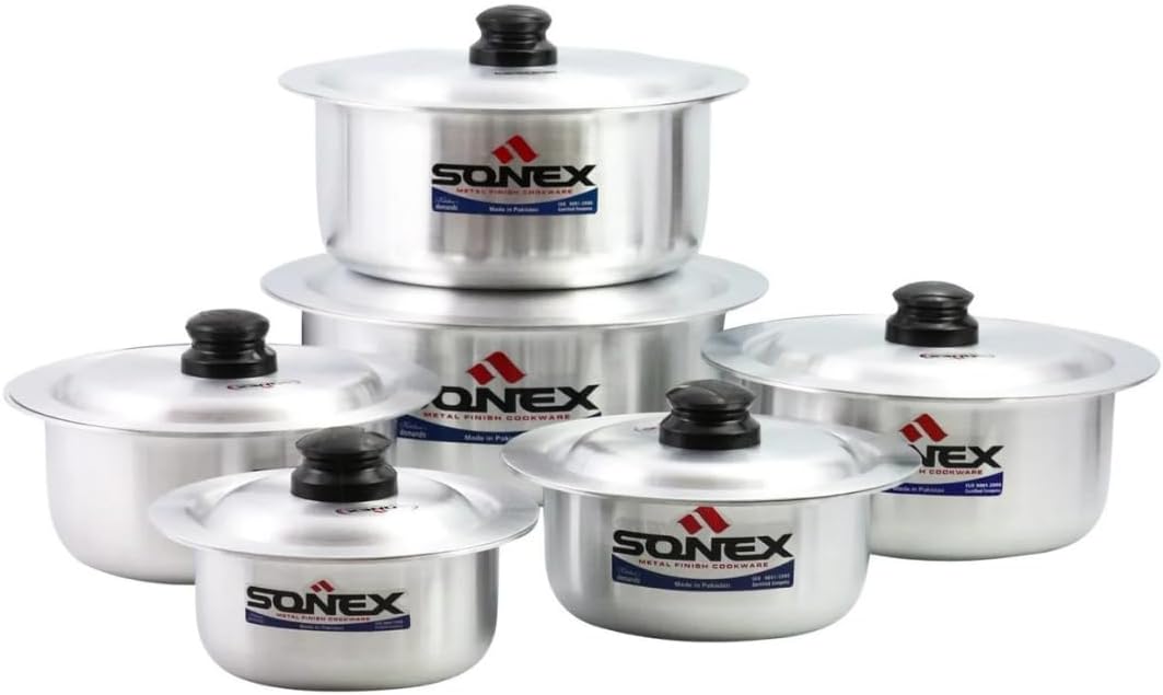 Sonex Aluminium Metal Finish Glory Cooking Pot Set with Lids 6pc Set - 2.5. 3.5. 5. 6.5. 9. 11 liters
