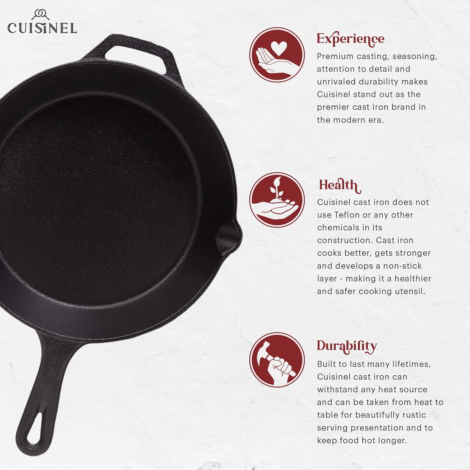 Cuisinel Cast Iron Skillet Set - 3-Piece: 6 + 8 + 10-Inch Chef Frying Pans - Pre-Seasoned Oven Safe Cookware + 3 Heat-Resistant Handle Covers - Indoor/Outdoor Use - Grill. Stovetop. BBQ. Fire Safe