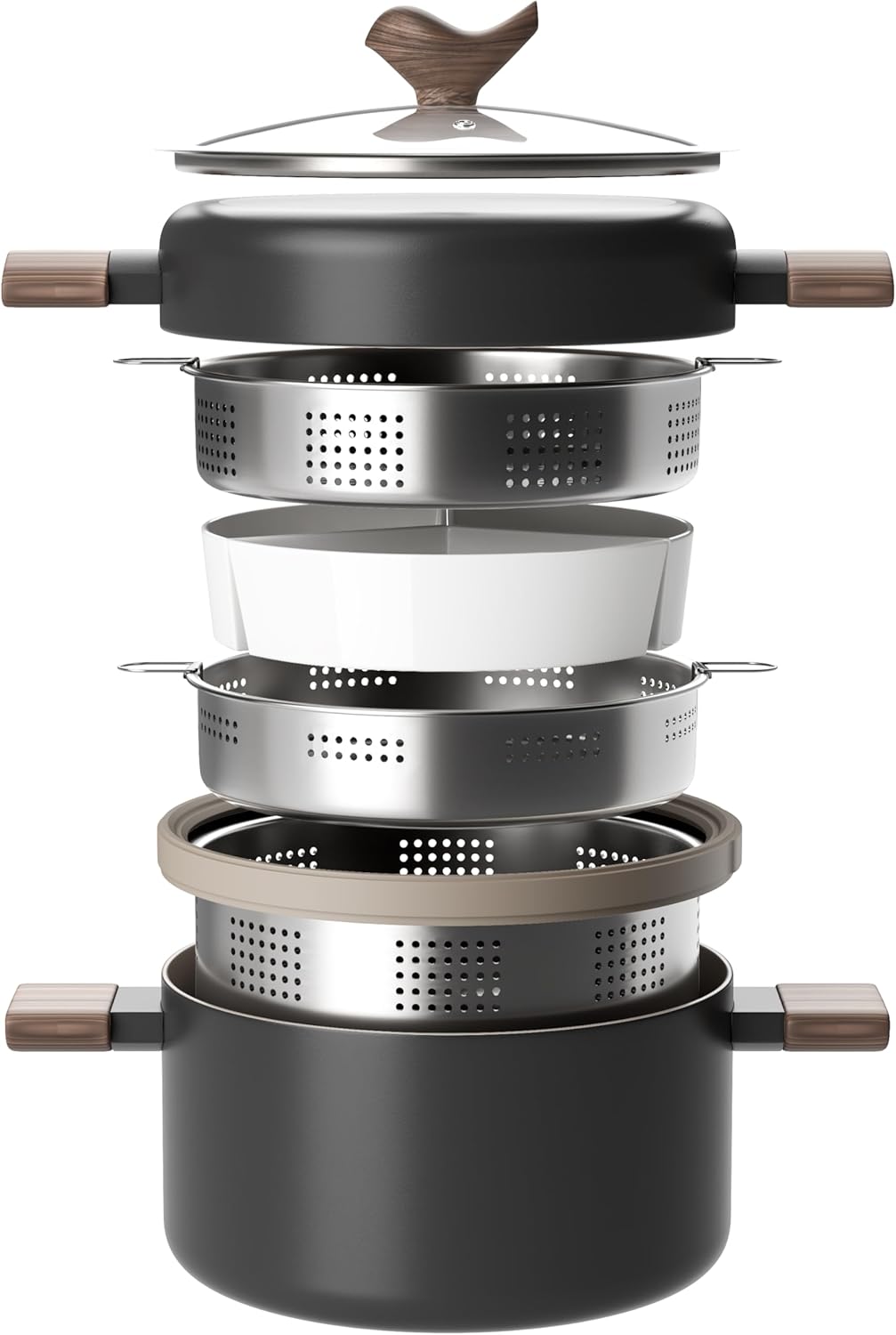 VONIKI Ceramic Cookware Set. Nonstick Stock Pots With Stainless Steel Steamer for Cooking Pot Set. Soup Pot With Lid. Multipots with Steamer Basket for Pot. Pasta Strainer Insert. Pots and Pans Black