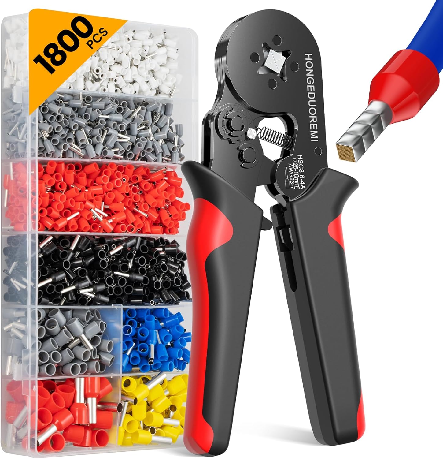 Ferrule Crimping Tool Kit.Wire Ferrule Kit Crimper Connectors .4 corners Self-adjustable AWG23-7 gauge 1800PCS Ferrules Electrical Terminal .Crimpers Tools Pin Terminals Ratchet Pliers for Audio.Car.DIY
