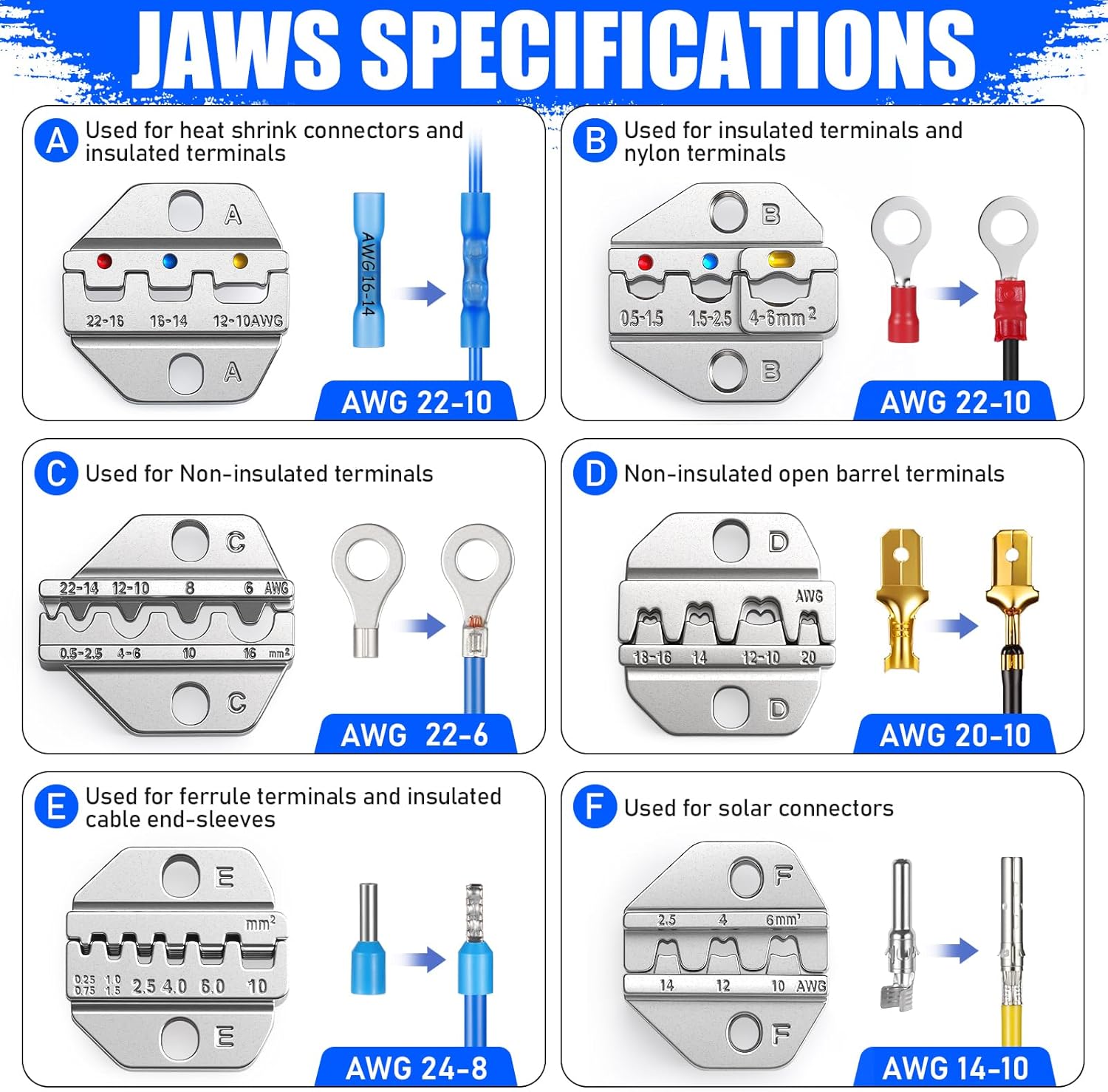 Crimping Tool Set 6PCS - Ratchet Wire Crimping Tool for Heat Shrink.Insulated Nylon.Non-Insulated.wire ferrules.Open Barrel Terminals.Solar Connectors - Crimper with 6 Interchangeable Die