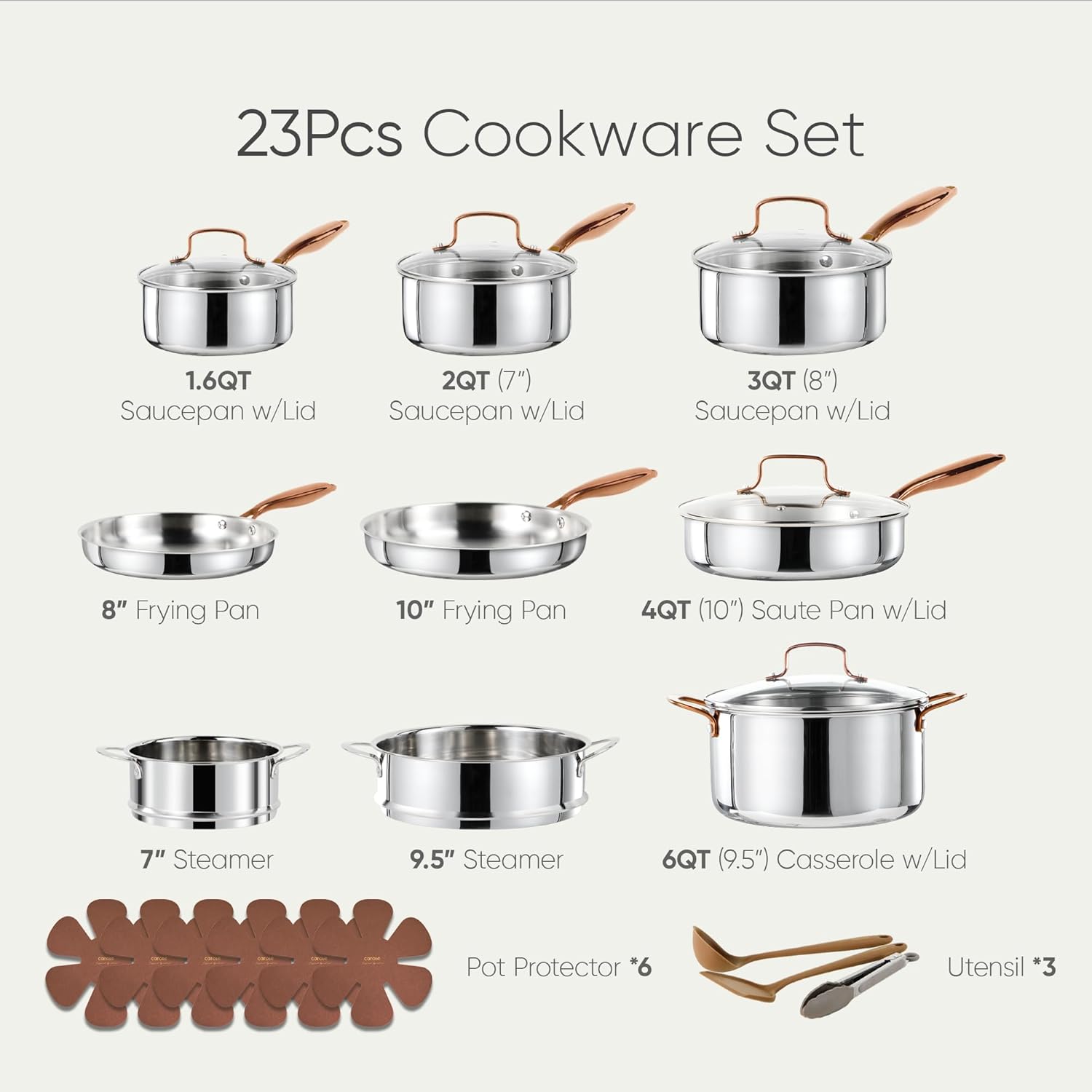 CAROTE 23pcs Tri-Ply Stainless Steel Cookware Set. Pots and Pans Set. Non Stick Induction Kitchen Cooking Sets. Nonstick Cookware Collection. Mirror Polish. Silver