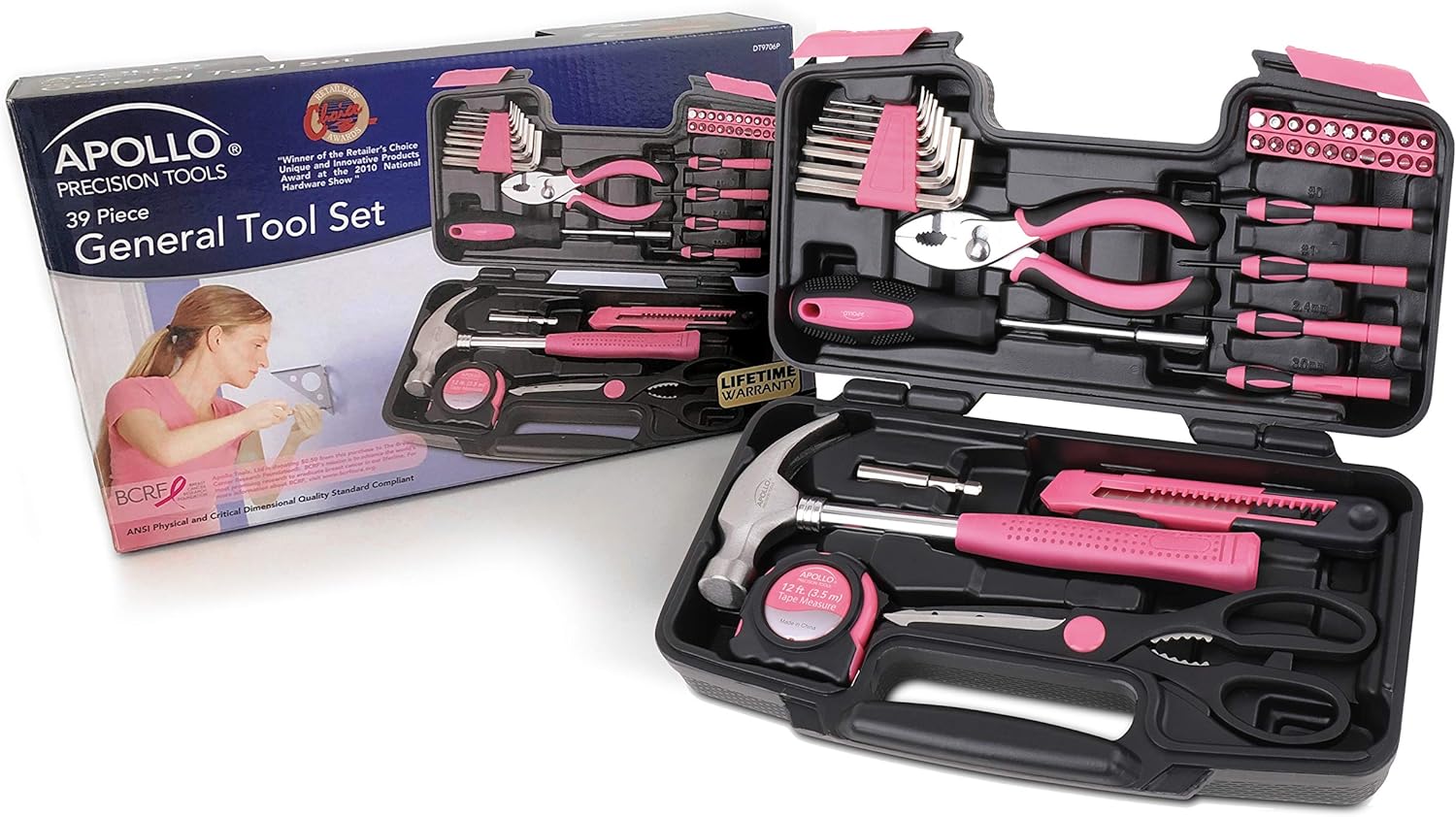 Apollo Tools Original 39 Piece General Household Tool Set in Toolbox Storage Case with Essential Hand Tools for Everyday Home Repairs. DIY and Crafts - Pink Ribbon - Pink - DT9706P
