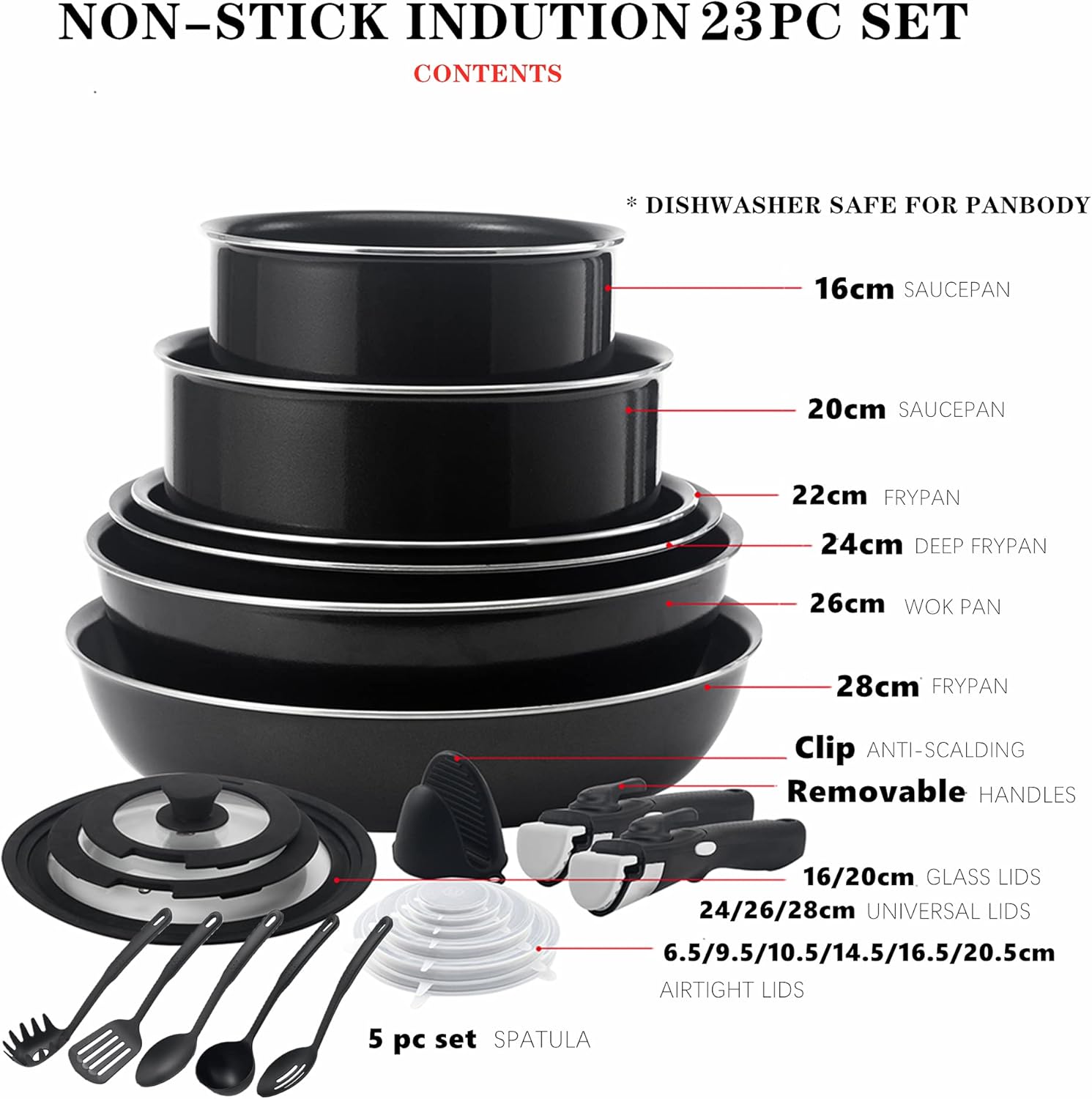 23 Pieces Non-Stick Cookware Set.Stackable Pans and Pots Set with Removable Handles. Space Efficient for RVs and Camping.Oven.Induction.Gas.Electric & Stovetops.Dishwasher Safe
