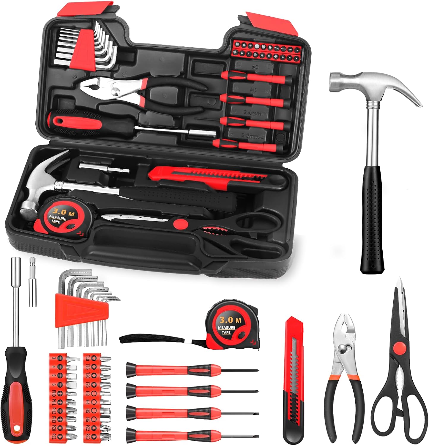 39-Piece Household Tool Set with Toolbox Storage Case - All Purpose Small Hand Tool Kit Includes Essential Tools for Home. Office. College Repairs. Red