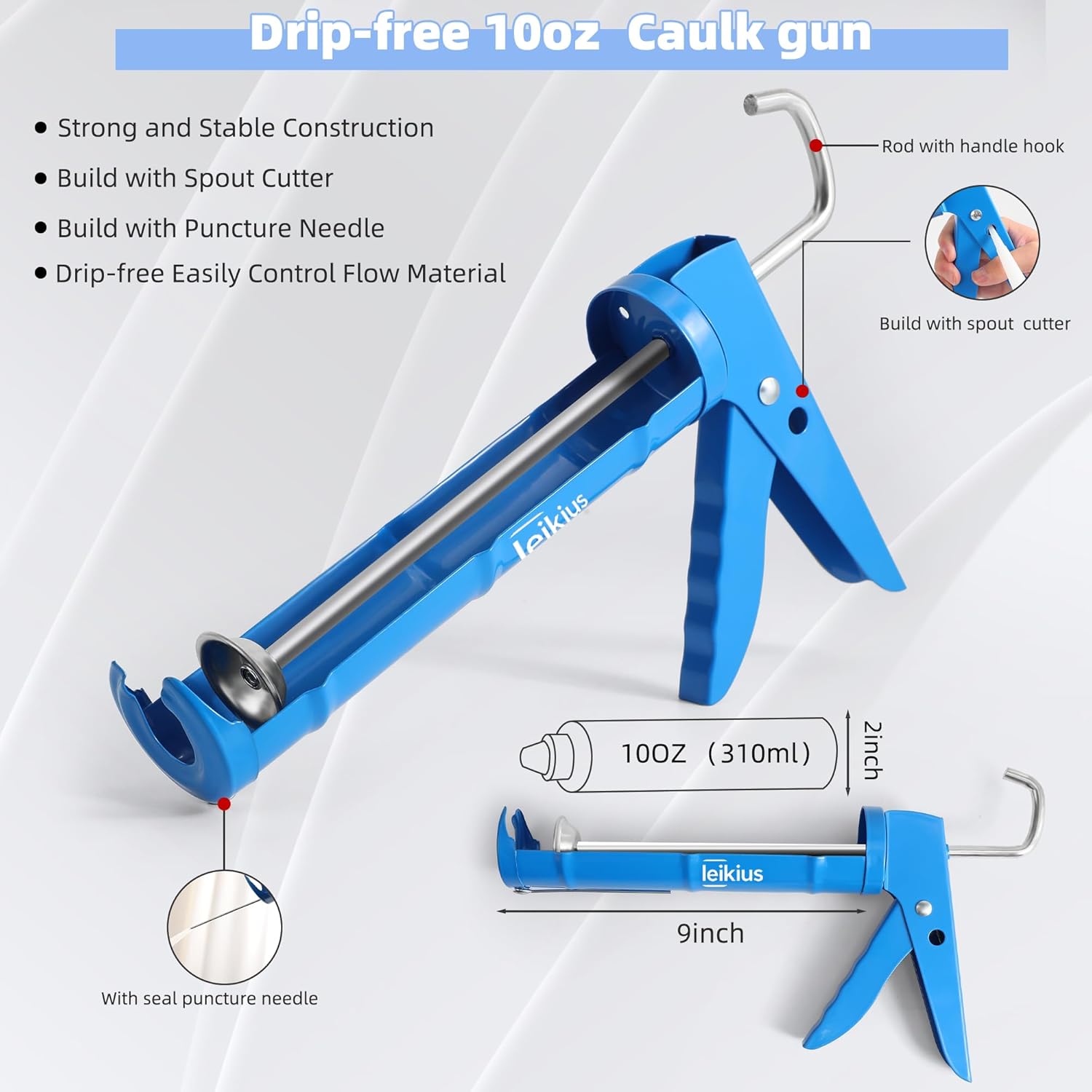 Caulk Gun Kit Smooths No-drip Silicone Caulking Gun and Caulking Tools. Sealant Tools Grout Scraper For Kitchen Bathroom Sink Joint.With Gift Box Works 10OZ Tubes blue