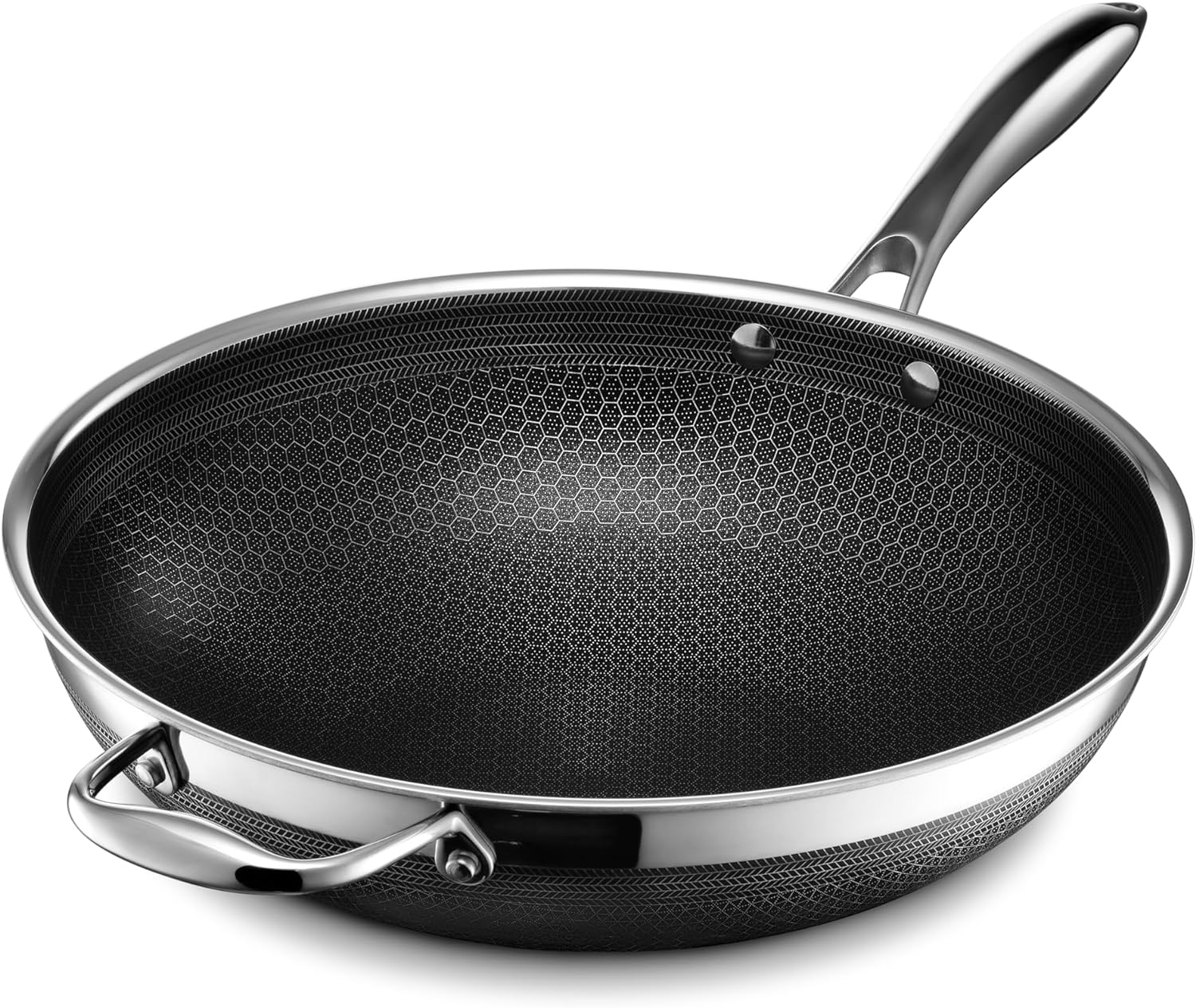 HexClad Hybrid Nonstick 10-Piece Cookware Set. 12 Wok. 12 Griddle. 2. 3. and 8Qt Pots with Lids. and 2 Silicone Trivets. Stay-Cool Handles. Dishwasher and Oven-Safe. Induction Ready