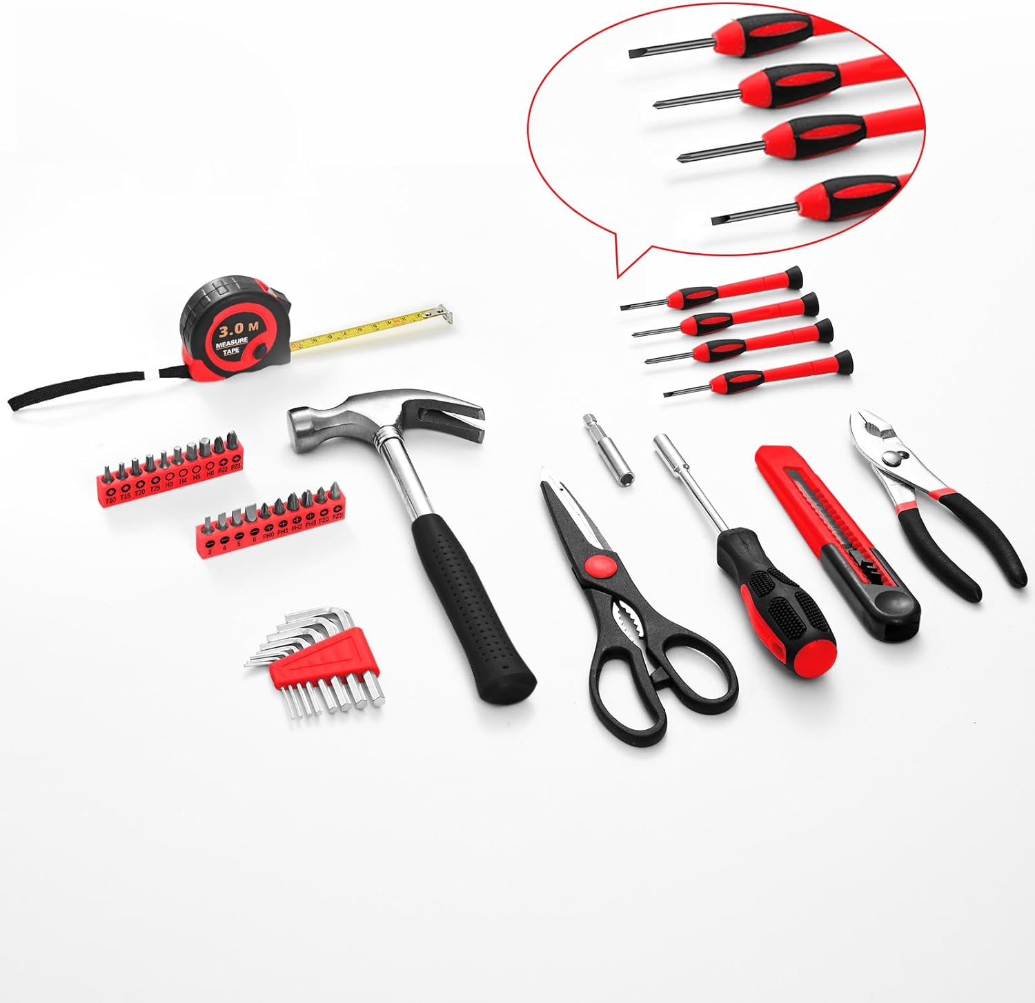 39-Piece Household Tool Set with Toolbox Storage Case - All Purpose Small Hand Tool Kit Includes Essential Tools for Home. Office. College Repairs. Red