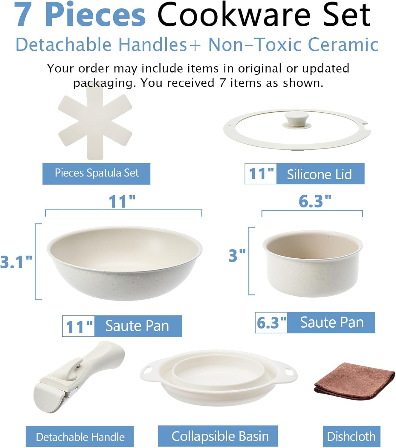 7-Piece Non Stick Ceramic Cookware Set with Detachable Handles. Induction & Oven Safe Pots and Pans Set. Non Toxic Pan Set for Cooking. Includes Pan Protectors