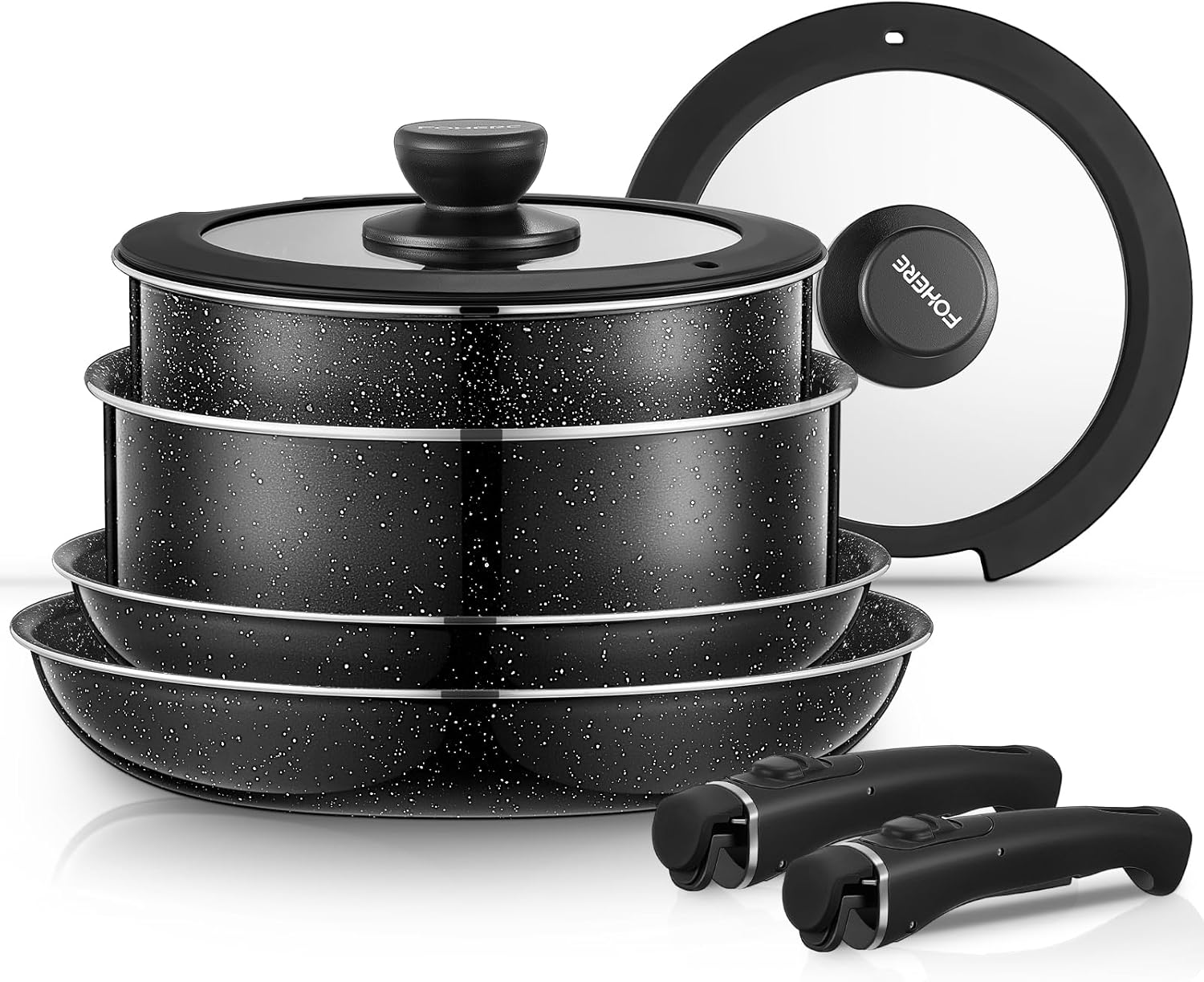 FOHERE 8pcs Pots and Pans Set with 2 Detachable Handles. Aluminum Nonstick Cookware Set. Induction Pan Set. RV Cookware Set. Oven Safe. Stackable