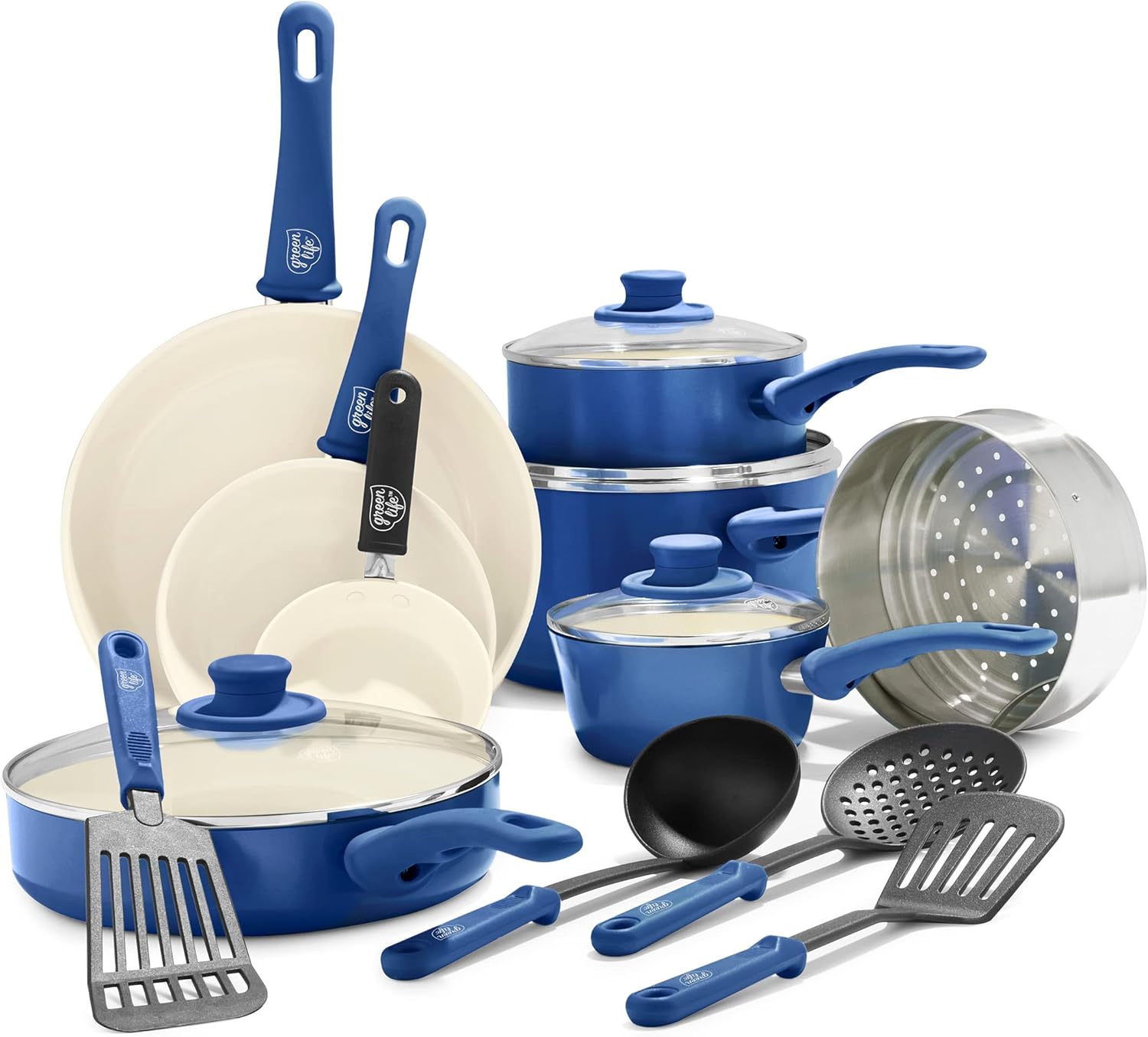GreenLife Soft Grip Healthy Ceramic Nonstick. 16 Piece Cookware Pots and Pans Set. Blue & Soft Grip Healthy Ceramic Nonstick. 7 and 10 Frying Pan Skillet Set. PFAS-Free. Dishwasher Safe. Blue