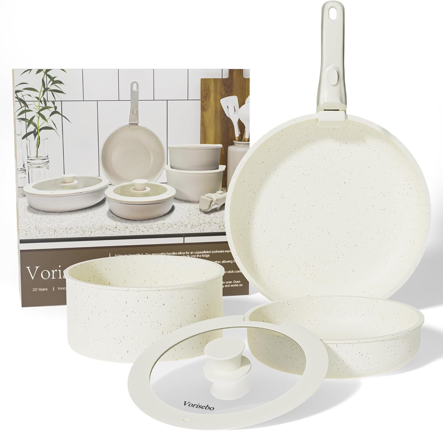 Pots and Pans Set Non Stick Dishwasher Safe. Non-Toxic Cookwares Set. Induction Pots and Pans for Oven Safe. Kitchen Pan Set with Removable Handle (White. 5 PCS)