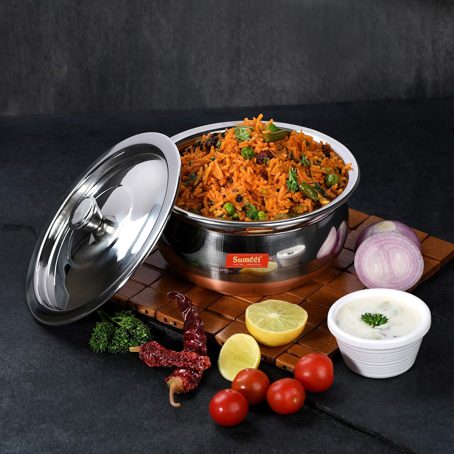 Sumeet Stainless Steel Copper Bottom 3 Pc Handi/Cookware/Serveware Pot Set with Lid 360ML. 500ML. 800ML. (Silver)