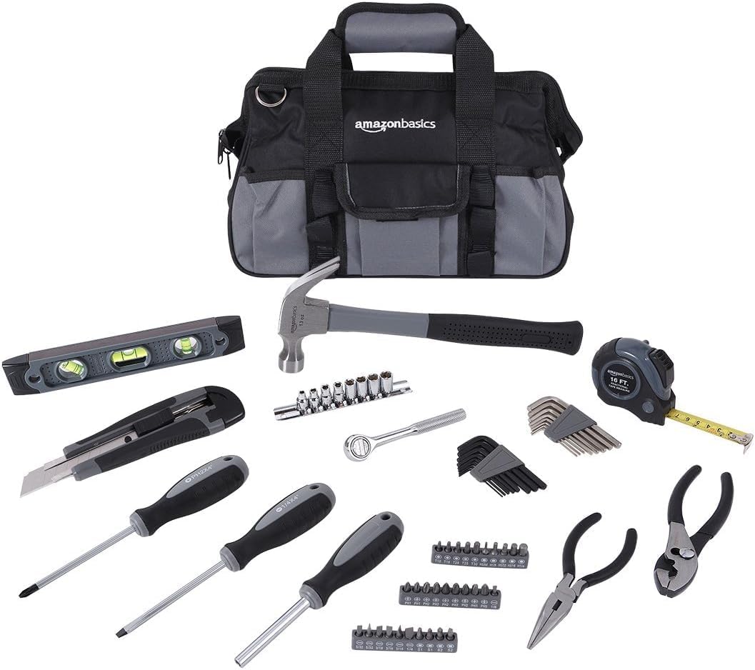 Amazon Basics 65 Piece Home Basic Repair Tool Kit Set With Bag. Silver. Black