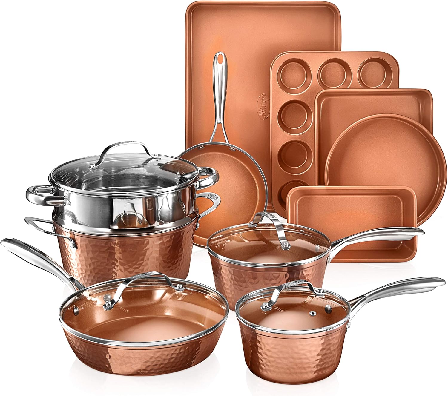 Gotham Steel Hammered Copper Collection – 15 Piece Premium Cookware & Bakeware Set & Hammered Collection Pots and Pans 10 Piece Premium Ceramic Cookware Set