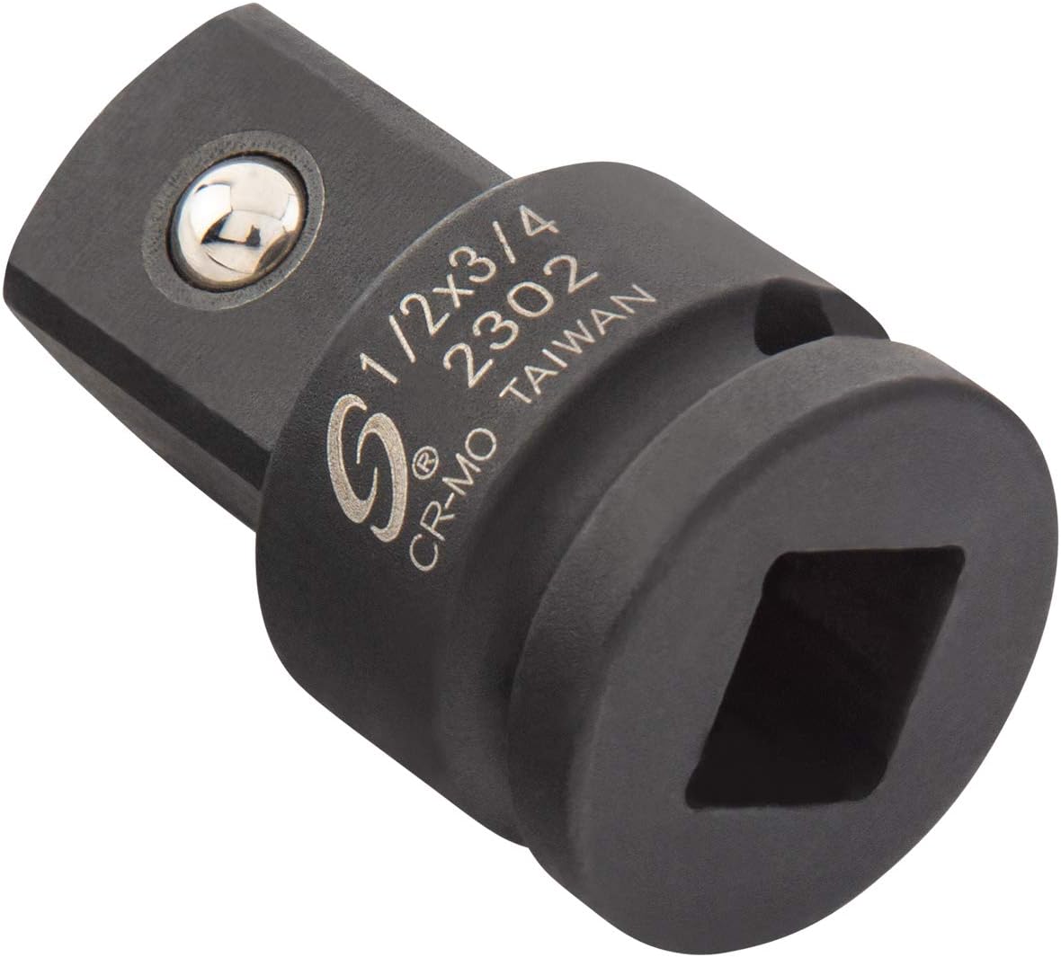 SUNEX TOOLS 2302. 1/2 Inch Drive. 1/2 Female x 3/4 Male Impact Adapter. Cr-Mo Steel. Ball Detent. Tapered Square End. Meets ANSI Standards