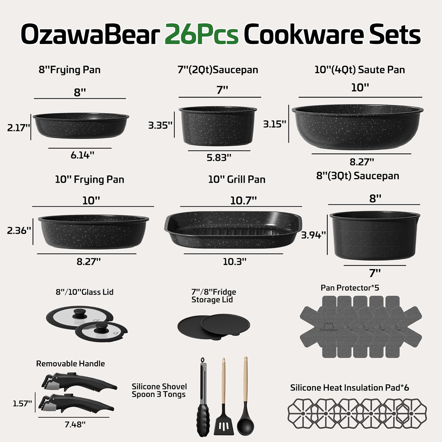 26 Pcs Pots and Pans Set Non Stick. Ceramic Cookware Set Non Toxic with Detachable Handles. Healthy Induction Cookware Dishwasher Oven Safe RV Kitchen Set. PFAS PFOA & PTFE Free. Black