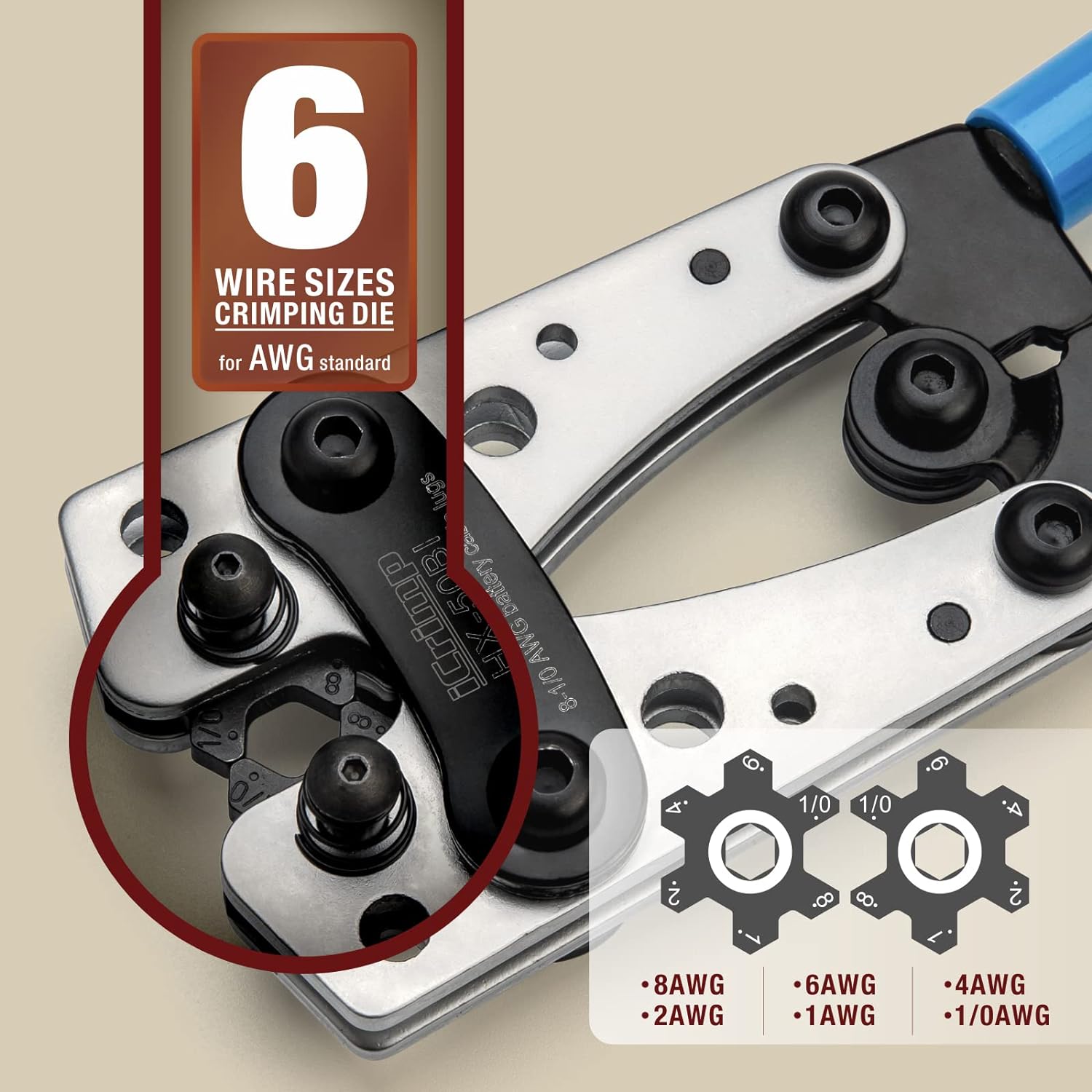 iCrimp Cable Lug Crimping Tool for Heavy Duty Wire Lugs. Battery Terminal. Copper Lugs AWG 8-1/0