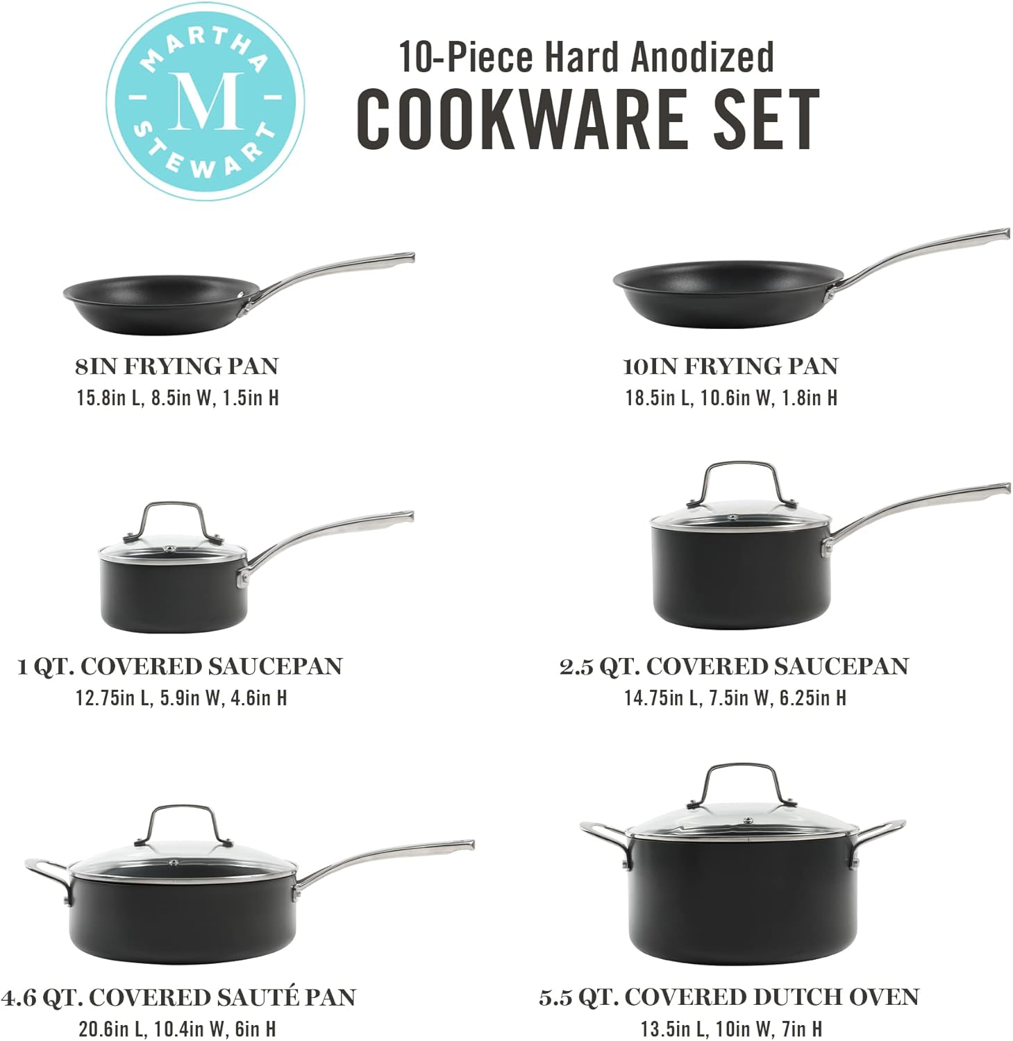 Martha Stewart Bosworth 10 Piece Hard Anodized Nonstick Aluminum Cookware Set - Black