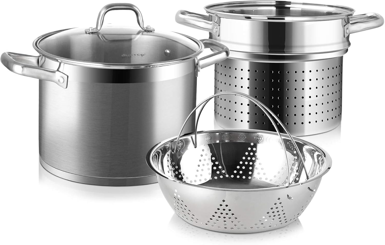Duxtop Professional Stainless Steel Pasta Pot with Strainer Insert. 4PC Multipots Includes Pasta Pot & Steamer Pot. 8.6Qt Induction Stock Pot with Glass Lid. Impact-Bonded Technology