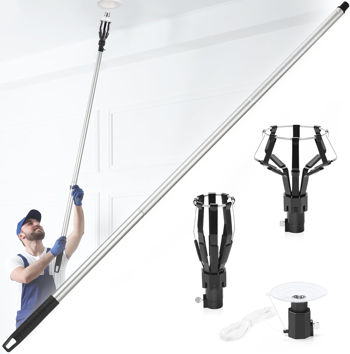 12FT Light Bulb Changer for High Ceilings. Light Bulb Changer with Baskets and Suction Cup. High Reach Light Bulb Changer with Pole