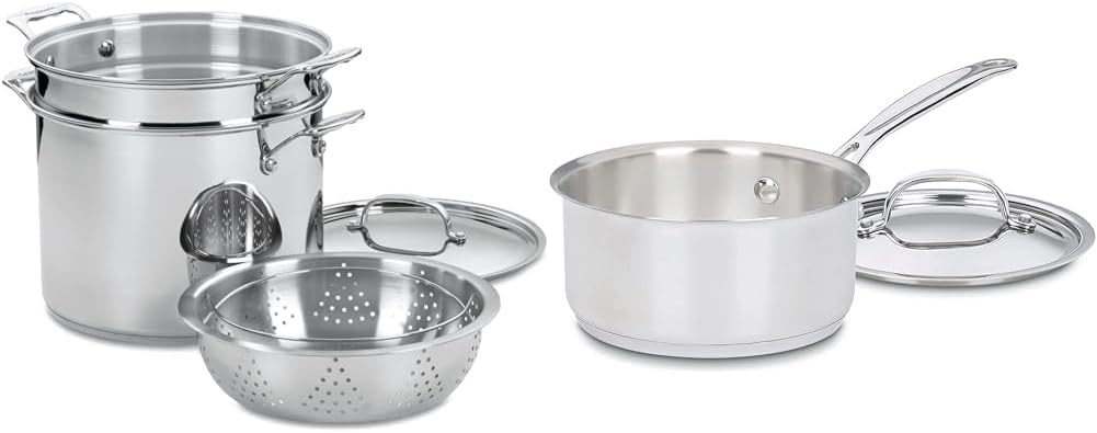 Cuisinart 4-Piece Cookware Set. 12 Quarts. Chef's Classic Stainless Steel Pasta/Steamer. 77-412P1 & 1.5 Quart Saucepan w/Cover. Chef's Classic Stainless Steel Cookware Collection. 719-16