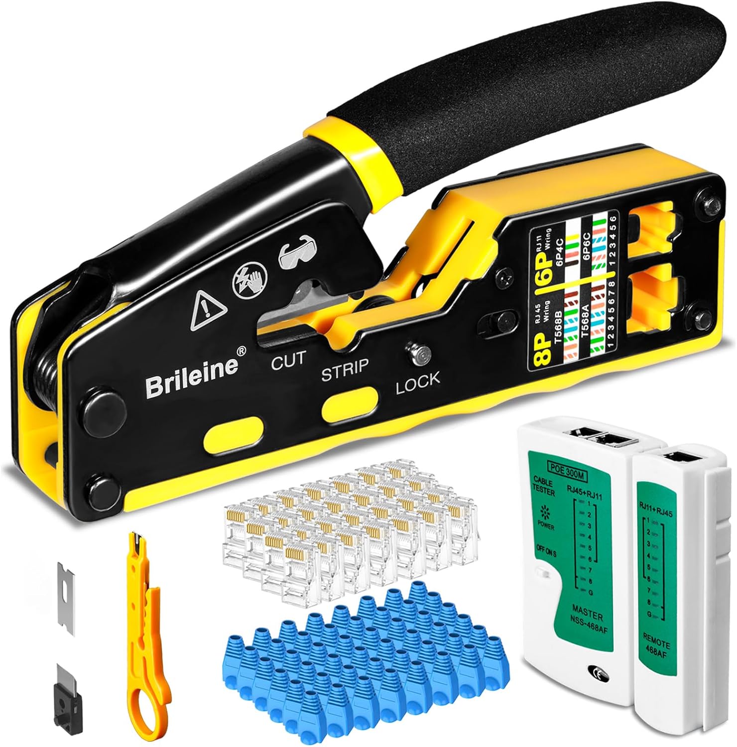 RJ45 Crimp Tool Pass Through Kit Ethernet Crimper Cat5 Cat5e Cat6 Crimping Tool for RJ11/RJ12 6P/8P with Network Lan Cable Tester. 50PCS Cat6 Connectors. 50PCS Boots. Mini Cable Stripper