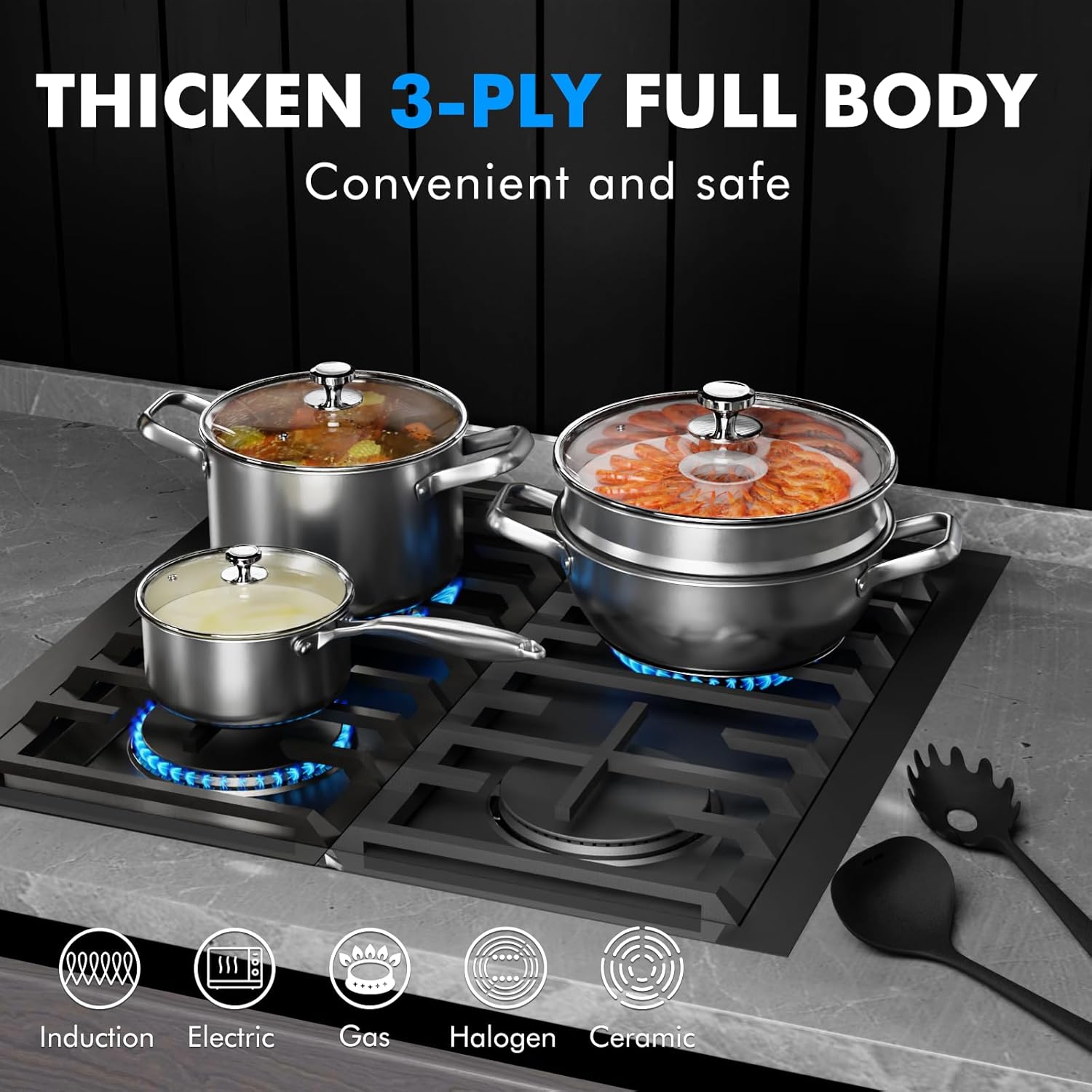 Stainless Steel Cookware Set.12-Piece Pots and Pans Set Non Toxic.Kitchen Cookware Set.Glass Lids.With 3 pot holders and 2 spoons.Oven & Dishwasher Safe