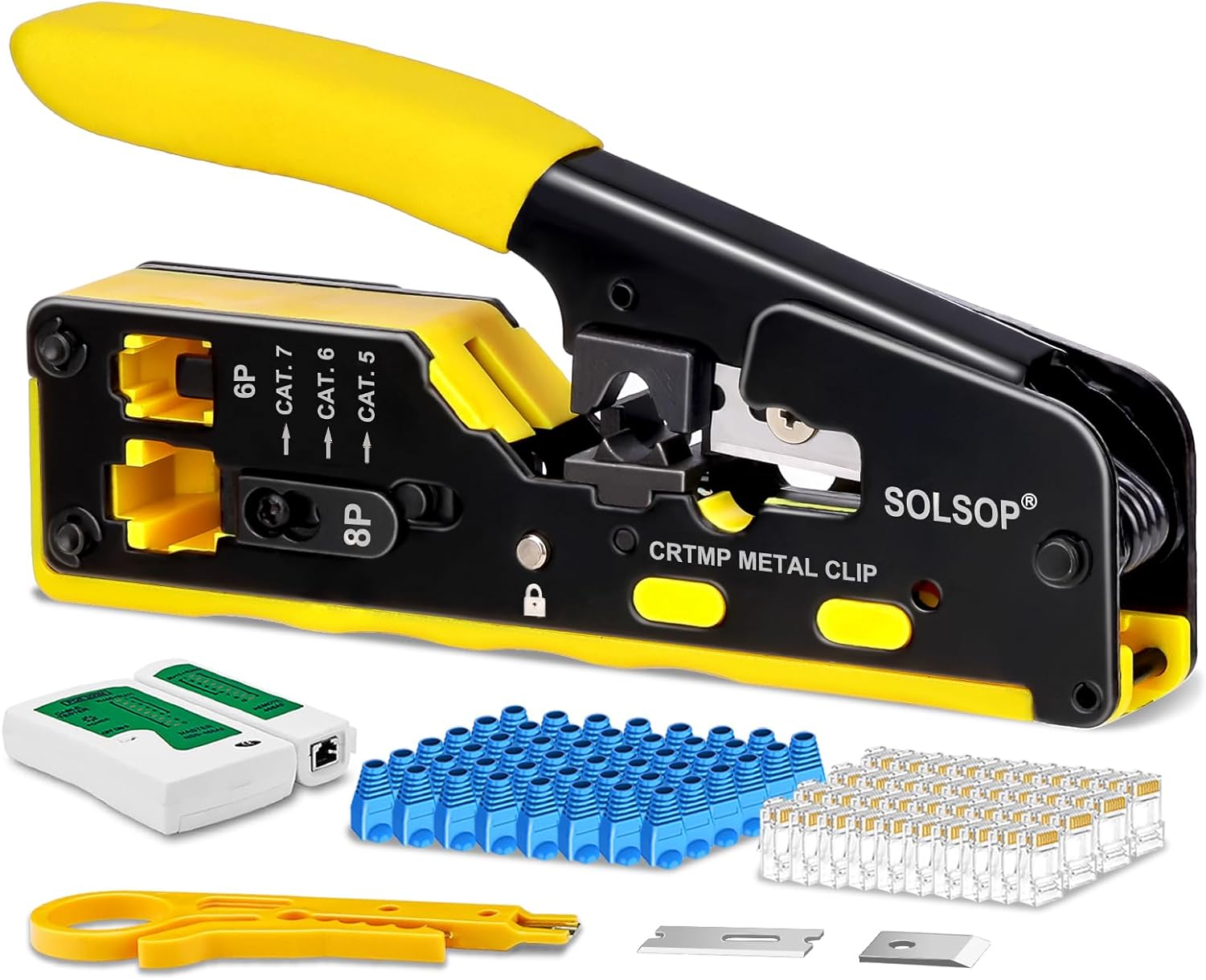 Solsop Pass Through RJ45 Crimp Tool Kit All-in-One Ethernet Crimper Cat7 Cat6 Cat5 Crimping Tool with Network Cable Tester. 50-Pack Cat6 RJ45 Pass Through Connector. 50-Pack Connector Boots