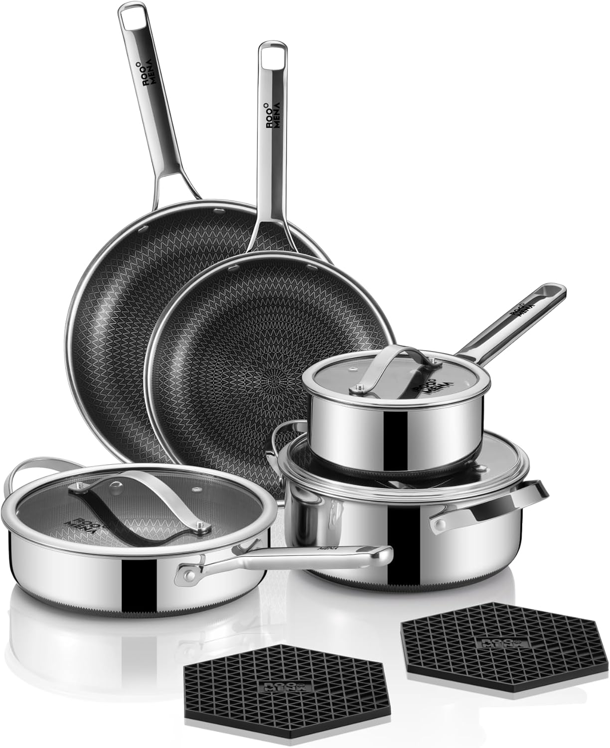 Pots and Pans Set Hybrid Stainless Steel. 17PC Nonstick Tri-Ply Cookware Set w/Frying pan. Dishwasher & Oven Safe. PFOA-Free. Metal Utensil Safe. Suitable for All Cooktops