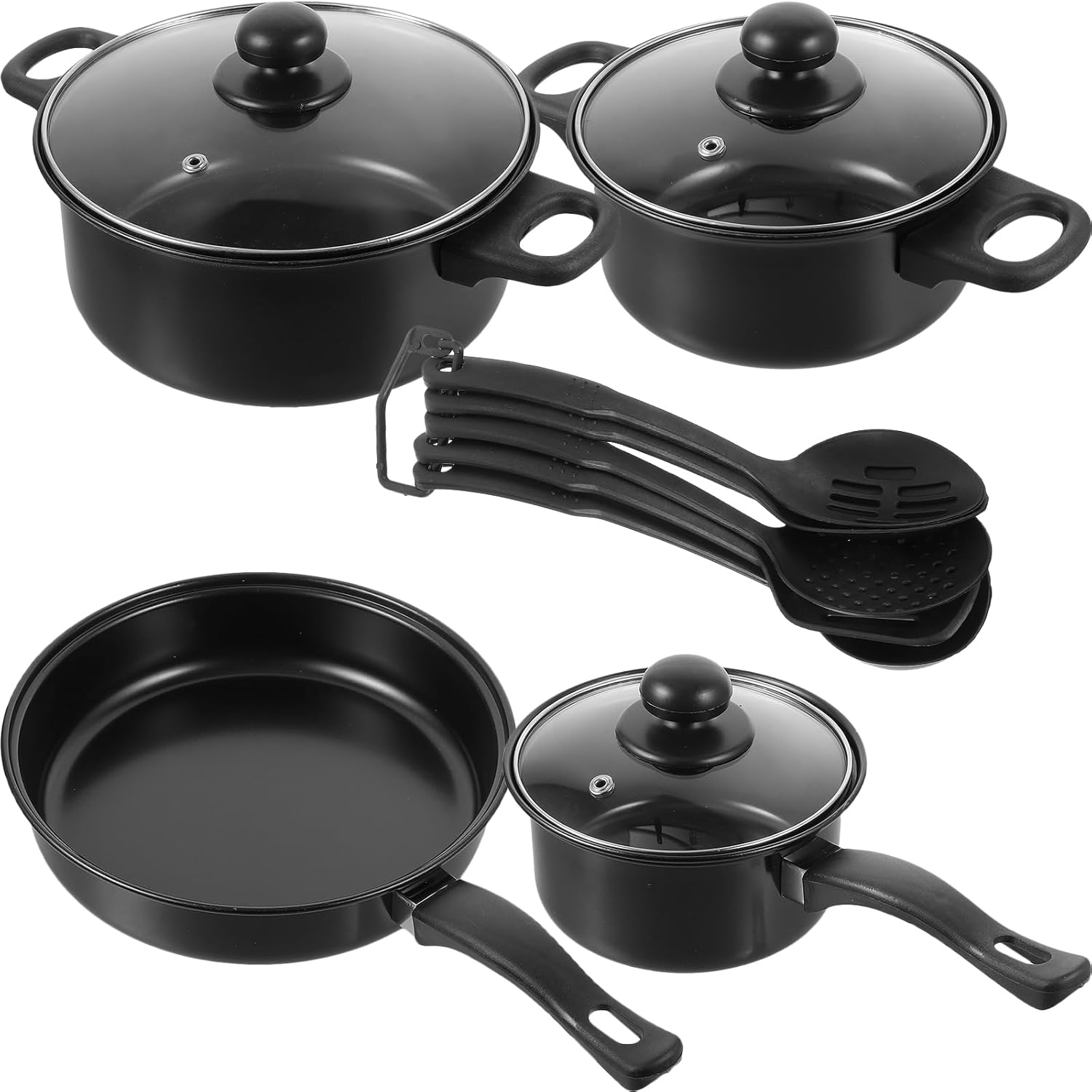 Luxshiny Cast Iron Skillet Set. 13 Pcs in 1 Set Seasoned Pots Pans Set Nonstick Frying Pans with Glass Lids Slotted Spatula Spoon Stovetop Wok Kitchen Cookware Kit