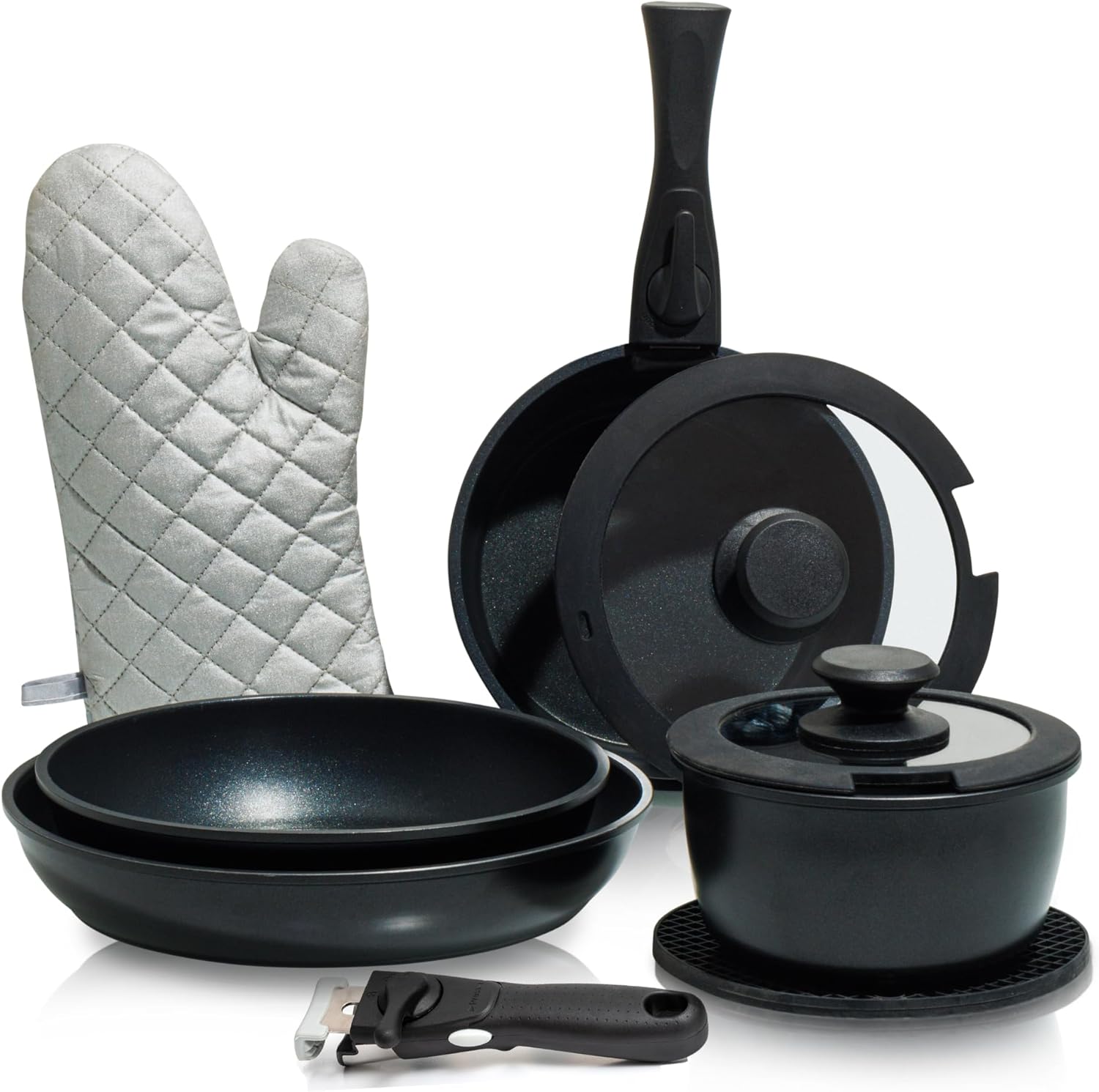 Moss & Stone 10pcs Black Pots and Pans Set Non Stick. Cookware Sets Detachable Handle. RV Kitchen Set Removable Handle. Oven Safe. Induction Ready. Stackable Non-stick Set. Camping Cookware Set