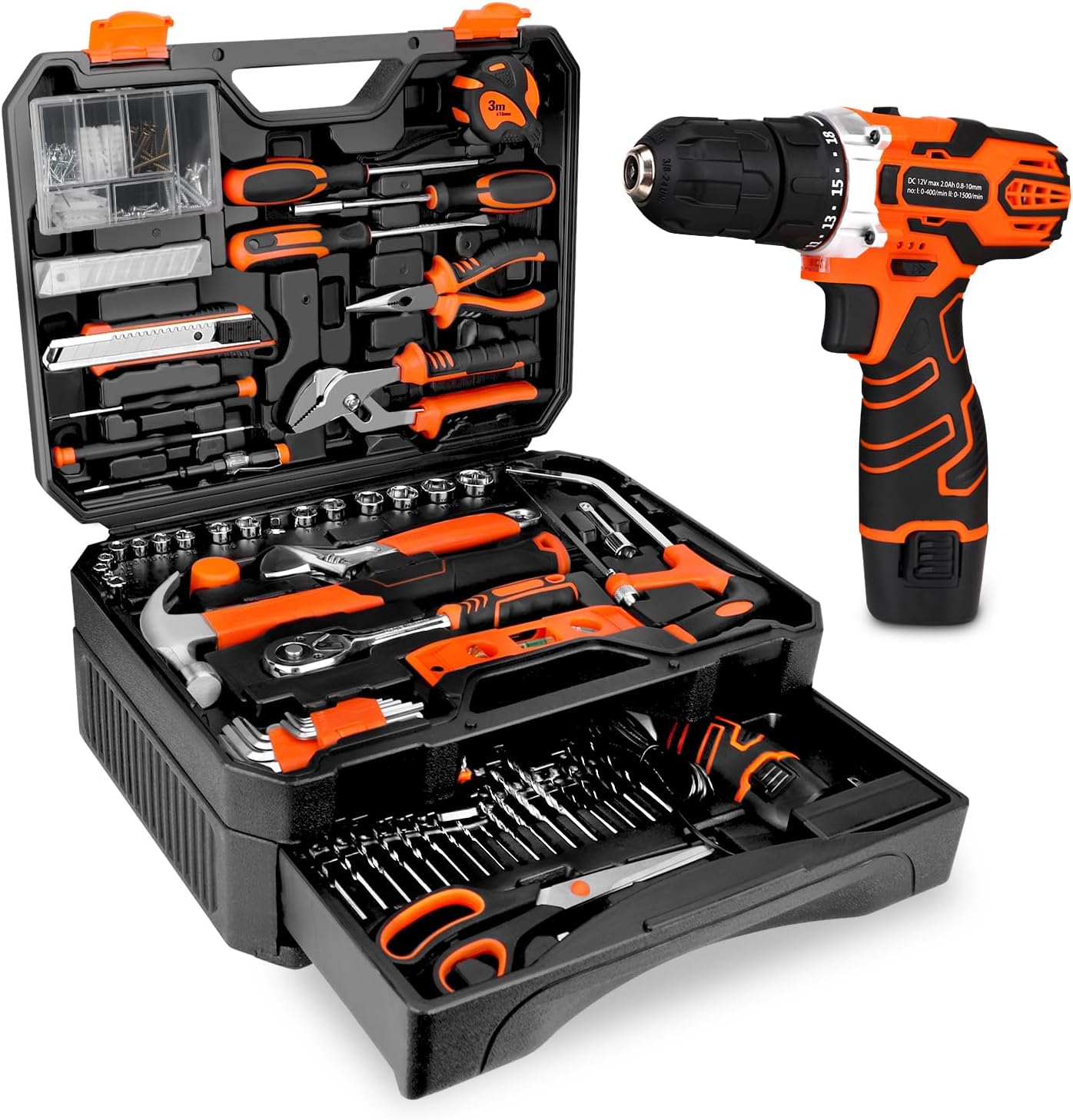 255-Piece Tool Set - Tool Kit with 12V Cordless Drill Driver. Toolbox Storage Case with Drawer. General Household Drill Set for DIY Projects. Home Repairs. Handyman