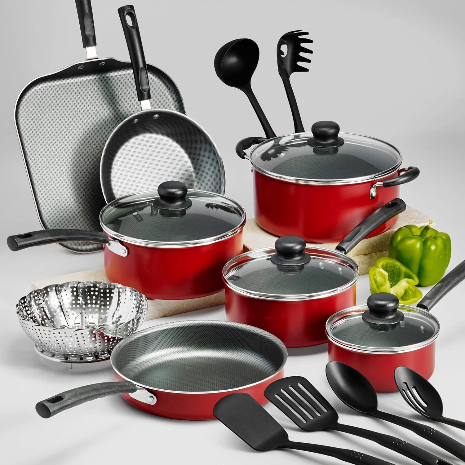 Primaware 18 Piece Non-stick Cookware Set (Color : Red)