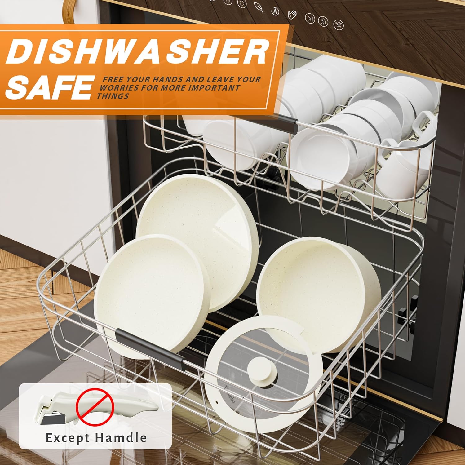 Pots and Pans Set Non Stick Dishwasher Safe. Non-Toxic Cookwares Set. Induction Pots and Pans for Oven Safe. Kitchen Pan Set with Removable Handle (White. 5 PCS)