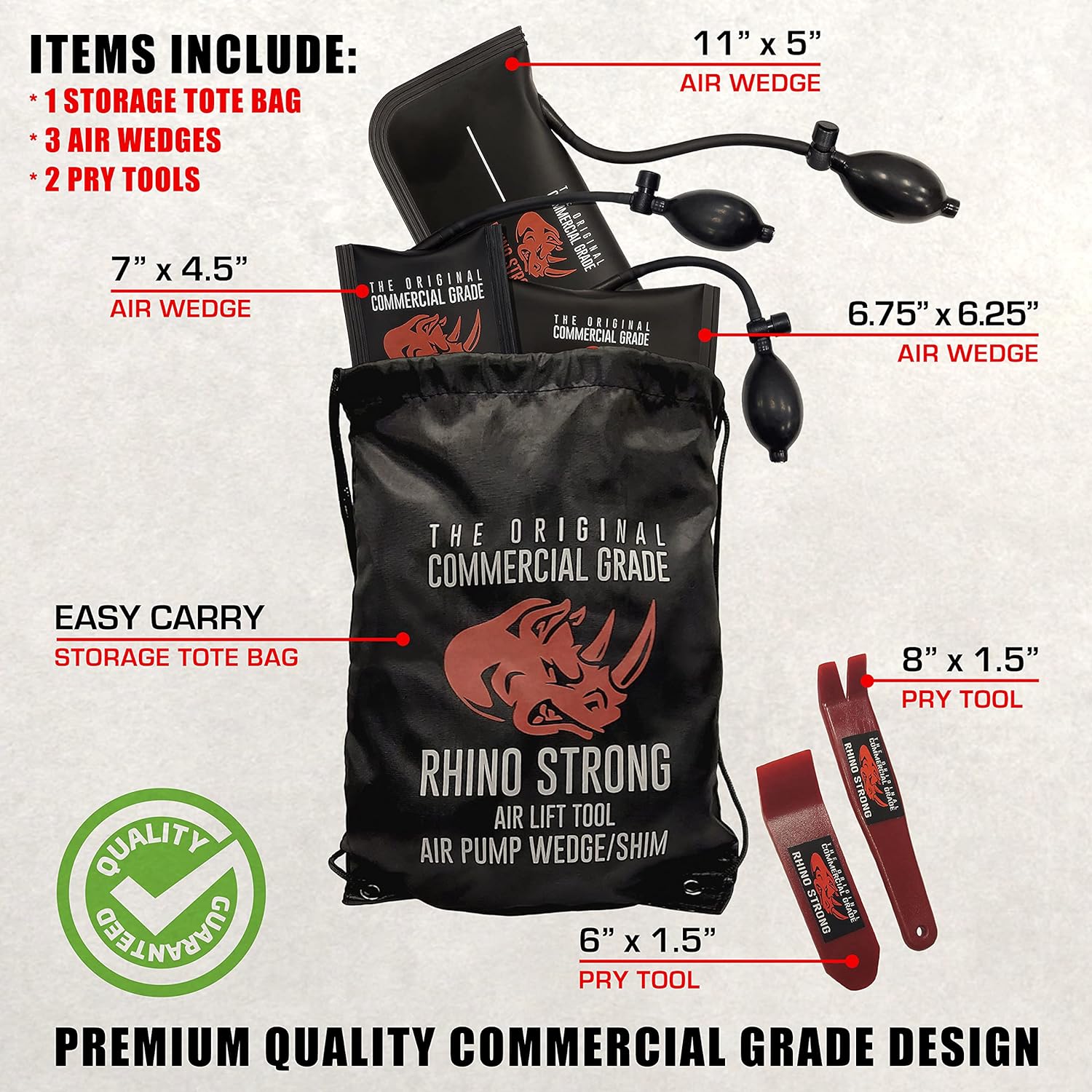 The Original Rhino Strong Commercial Grade Air Wedge Bag Pump Professional Leveling Kit & Alignment Tool Inflatable Shim Bag 3 Piece (Small. Medium. Large). 3 sizes for all of your individual needs.