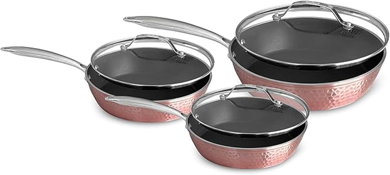 Luxurious Non-Stick Ceramic 3 Piece Rose Gold Cookware Set with Lids. Lightweight. Scratch-Resistant. Dishwasher Safe. Oven Safe up to 500°F. Suitable for All Stove Types