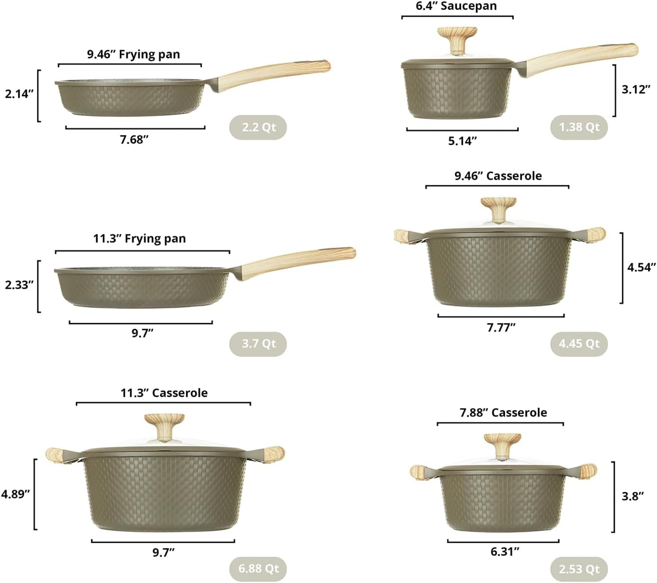 Bambù 10Pcs Cookware set. Die-cast Aluminum pots and pans. Nonstick frying pans and casseroles. Induction safe. PFOA-free (Green. 10 pcs)