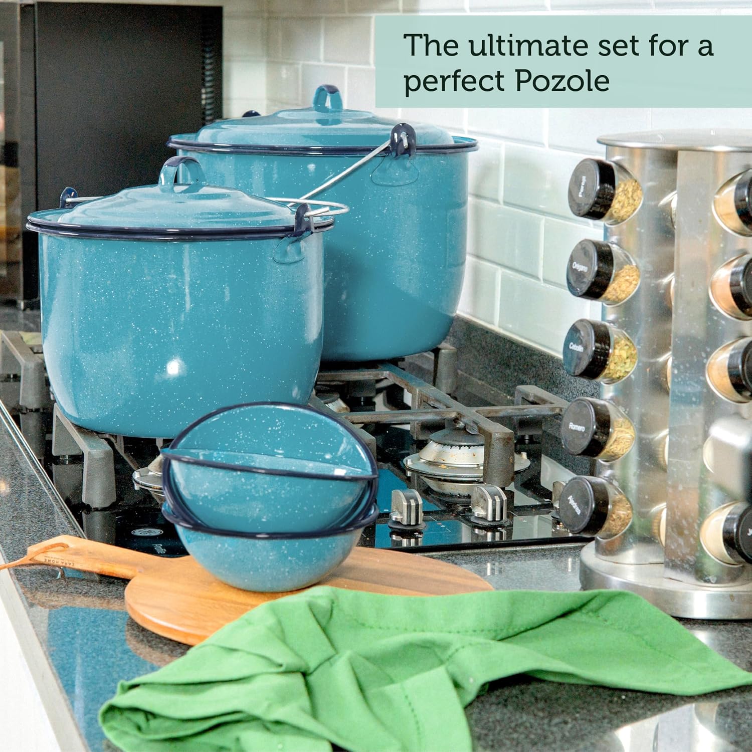 Cinsa 8-Piece Enameled Steel Stock Pots (14 & 8 QT) with Lids. Turquoise Blue Cookware Set