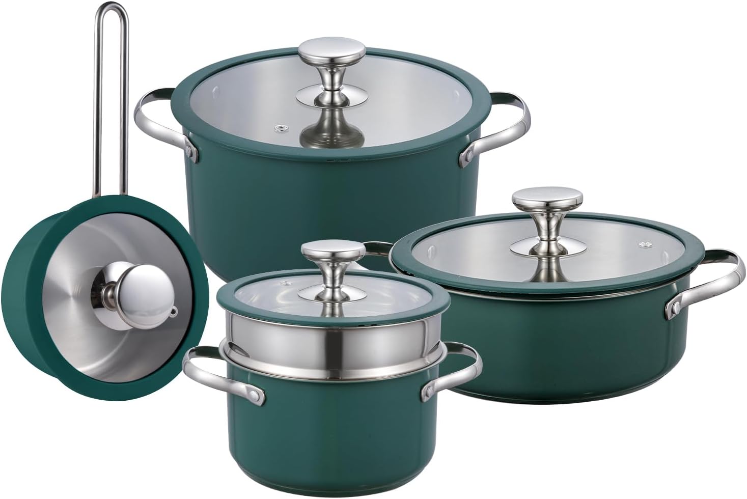 9pcs 304 Stainless Steel Cookware Set with Ceramic Coating – Nonstick. Durable. and Elegant Kitchen Pots with Glass Lids – Compatible with All Stovetops. Easy to Clean.Green