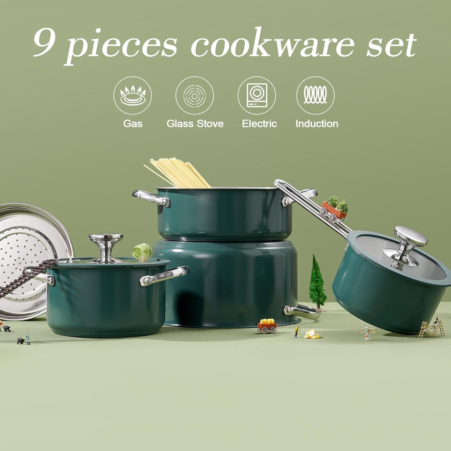 9pcs 304 Stainless Steel Cookware Set with Ceramic Coating – Nonstick. Durable. and Elegant Kitchen Pots with Glass Lids – Compatible with All Stovetops. Easy to Clean.Green