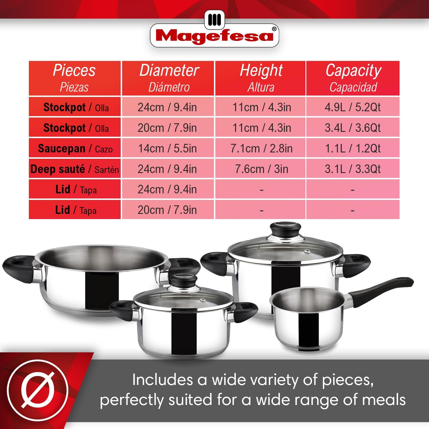 MAGEFESA Royal 6-Piece Cookware Set. Includes Stockpot. Deep sauté. Saucepan. Stainless Steel. Compatible with All Types of Stovetops including Induction. Easy Cleaning and Dishwasher safe