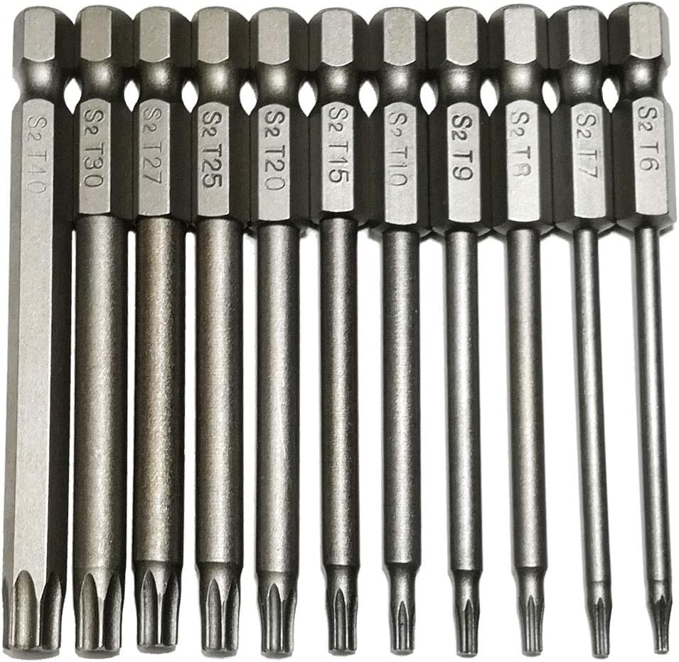 Security Torx Bit 11 Pieces 1/4 Inch Hex Shank T6 T7 T8 T9 T10 T15 T20 T25 T27 T30 T40 3 Inch Length S2 Steel Torx Head Screwdriver Drill Set (11pcs 75mm Torx Head)