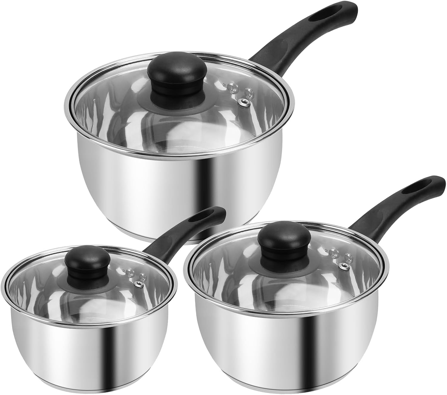 Stainless Steel Pot Set with Lid 6pcs.Sauce Pans 1QT & 2QT & 3QT Set.Triply Bottom Stainless Steel Pot Set