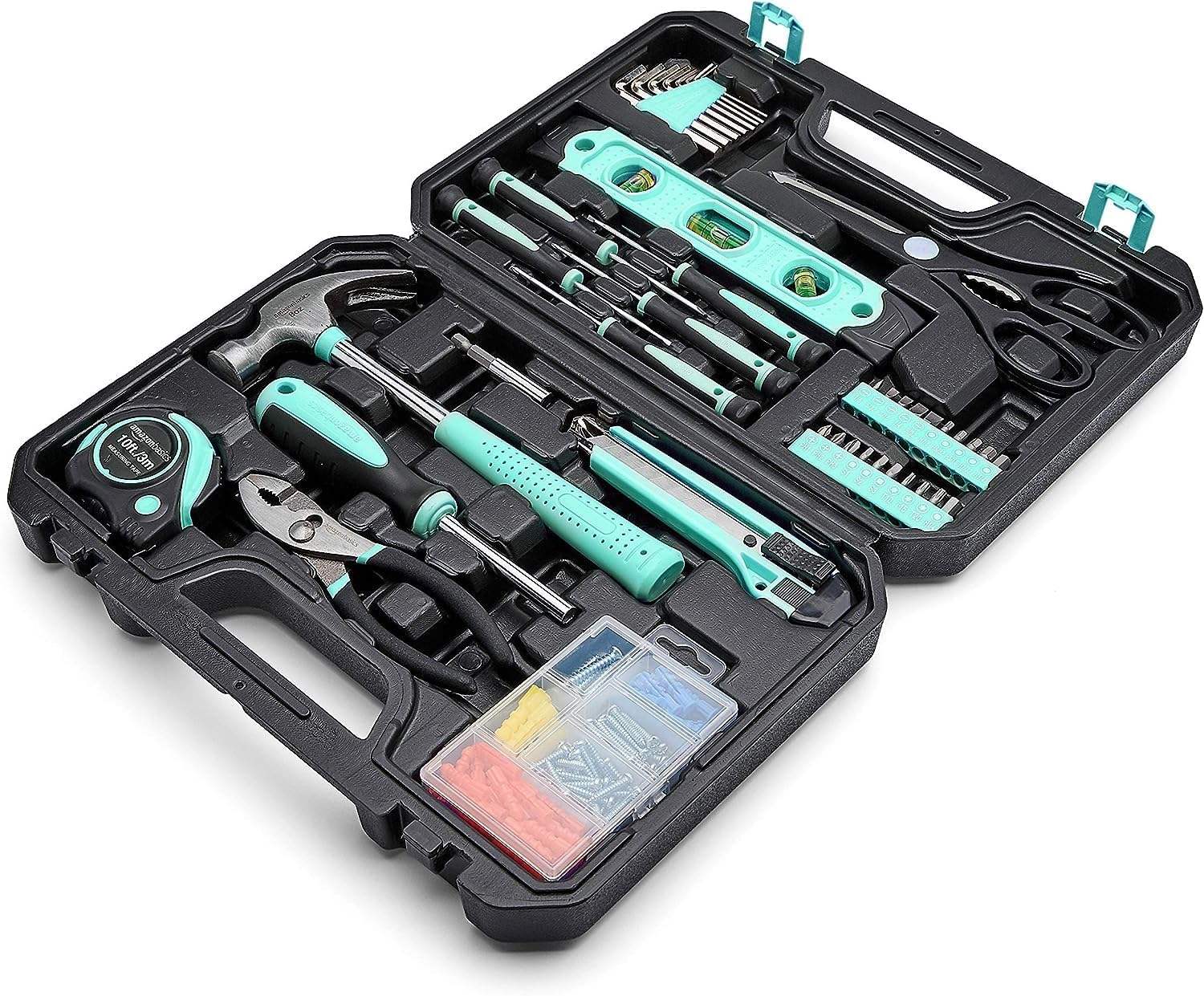 Amazon Basics Household Tool Kit With Storage Case. 142 Piece. Turquoise. 13.39 x 9.25 x 2.95 inch