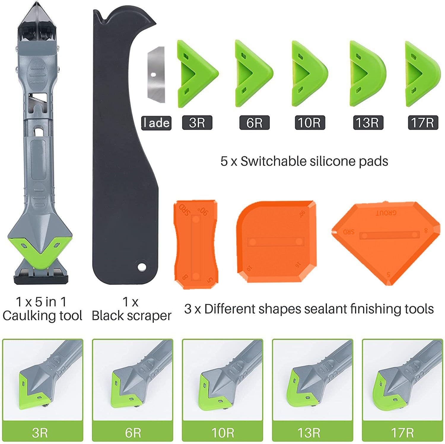 9 in 1caulk smoothingand Grouting Tool. silicone remover .Sealant Trimming and Removal Tool with Grout Squeegee for Bathrooms. Windows. Doors. Kitche